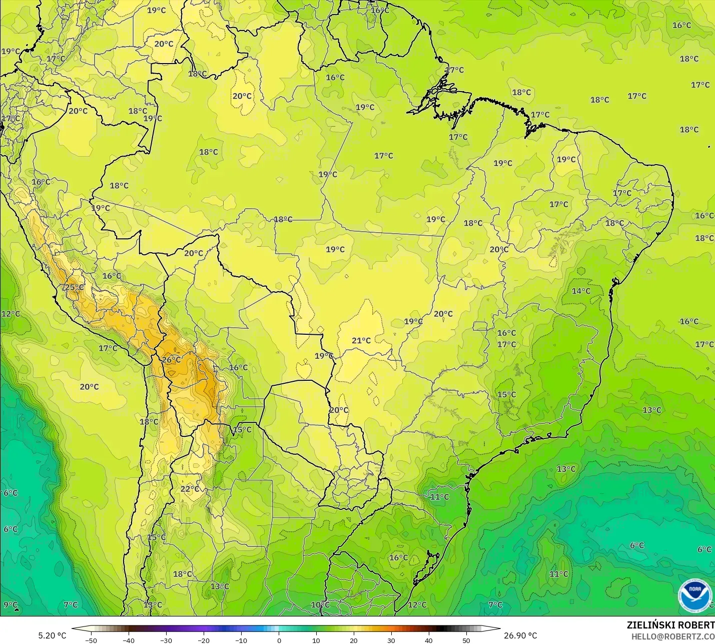 GFS model - Brasil, Suhu 850 hPa
