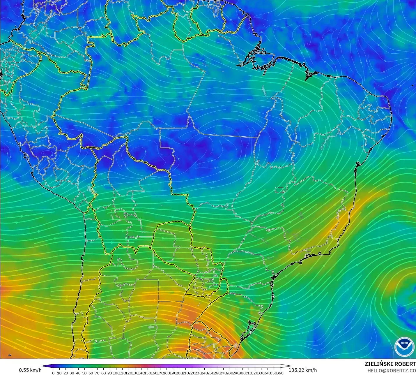 GFS model - Brasil, Angin 300 hPa (aliran jet)