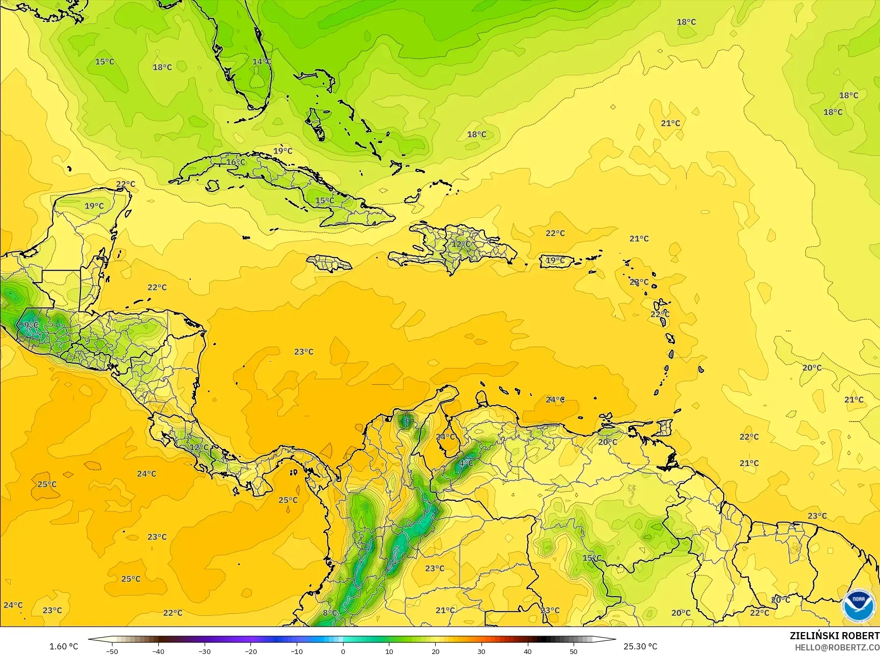GFS model - Karibia, Titik Embun 2 m