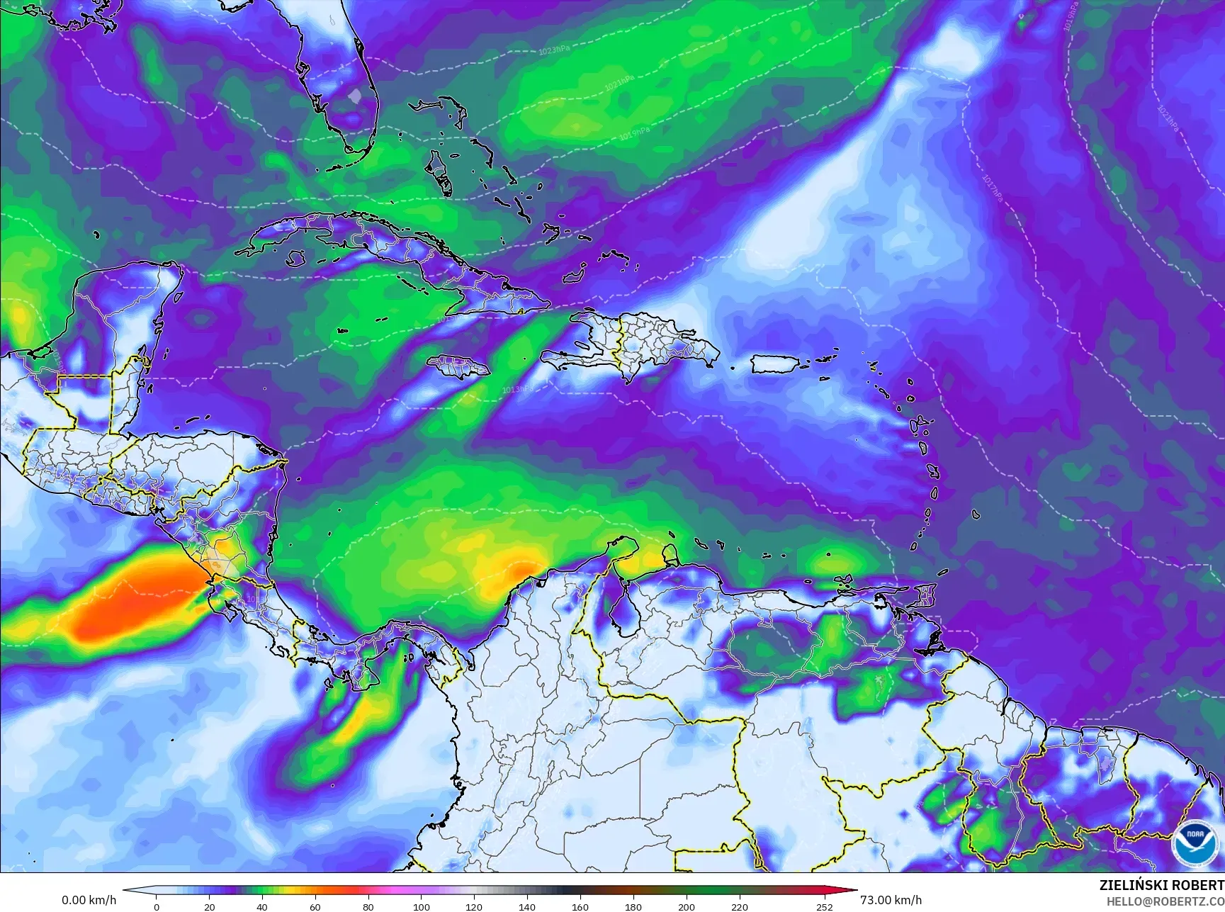 GFS model - Karibia, Hembusan Angin