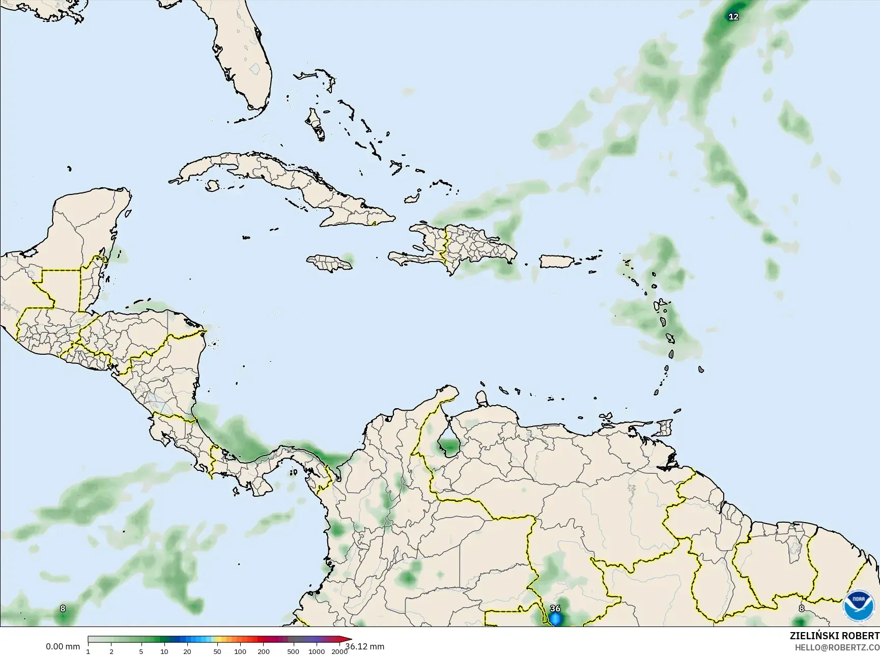 GFS model - Karibia, Akumulasi Curah Hujan
