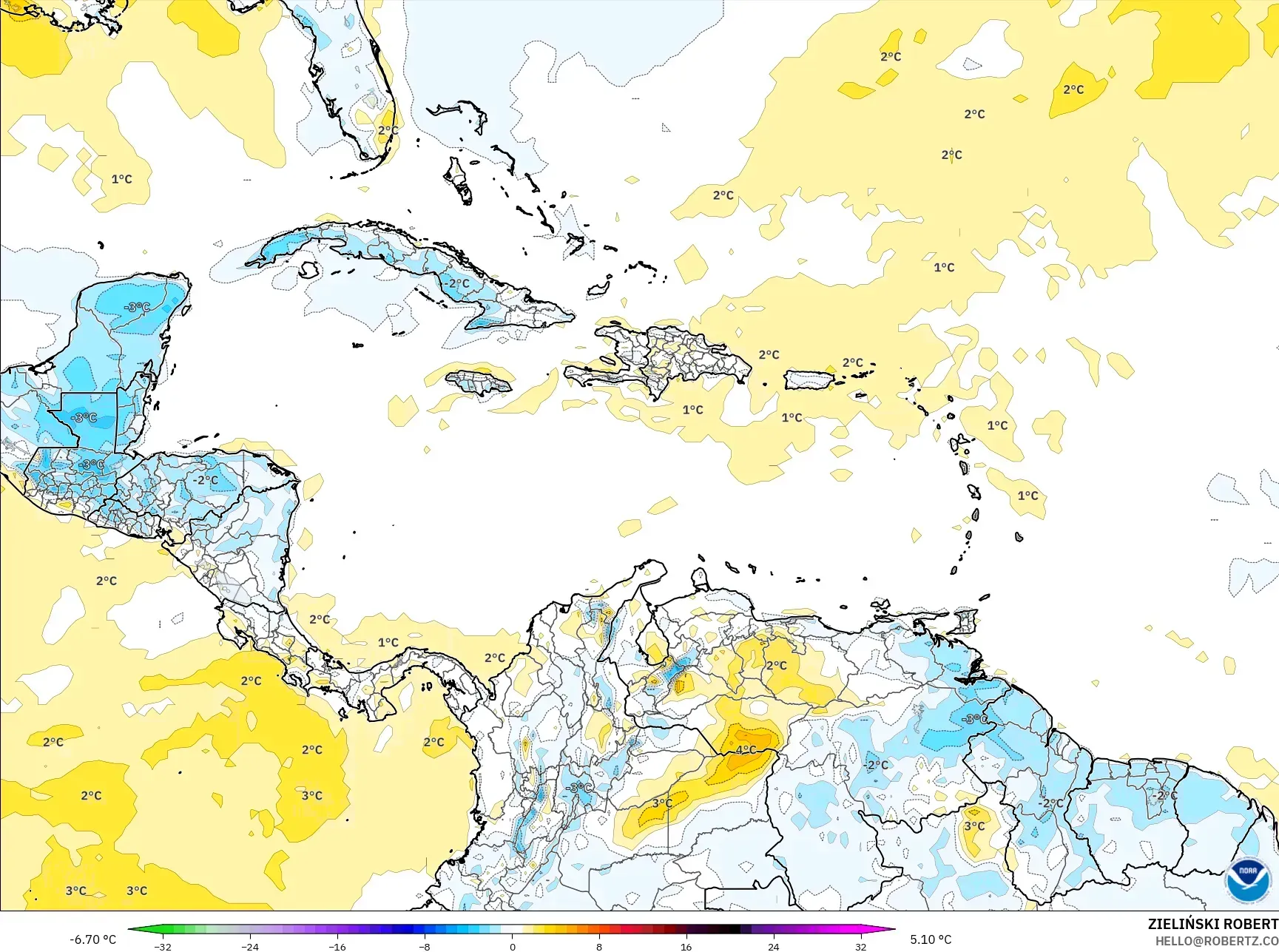 GFS model - Karibia, Anomali Suhu 2 m