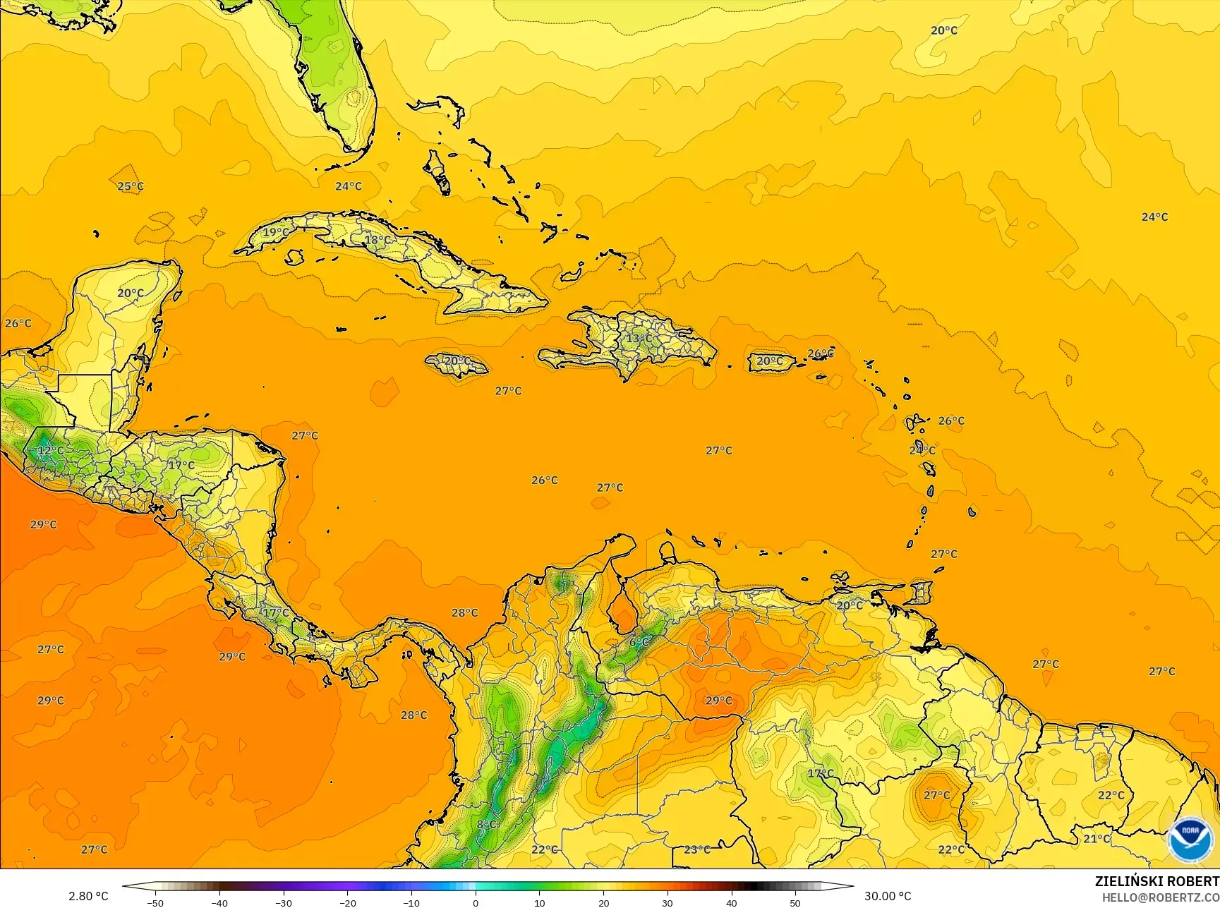 GFS model - Karibia, Suhu 2 m