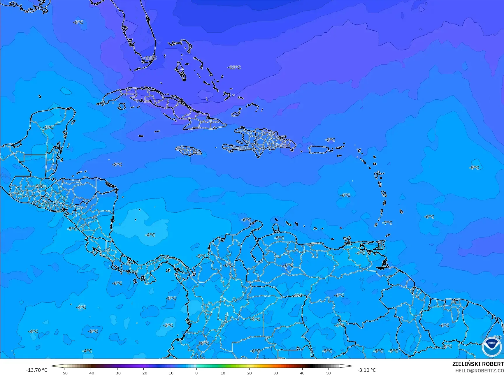 GFS model - Karibia, Suhu 500 hPa
