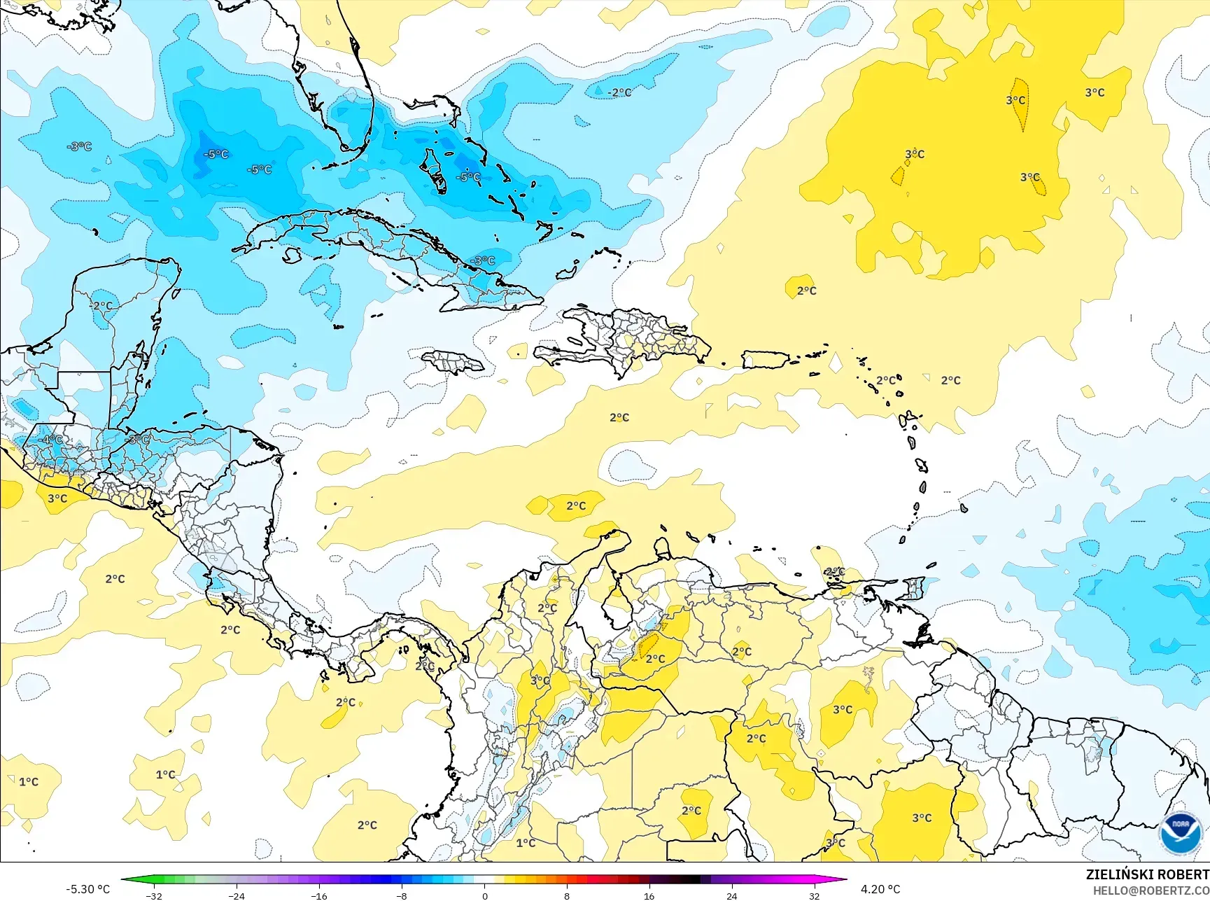 GFS model - Karibia, Anomali Suhu 850 hPa