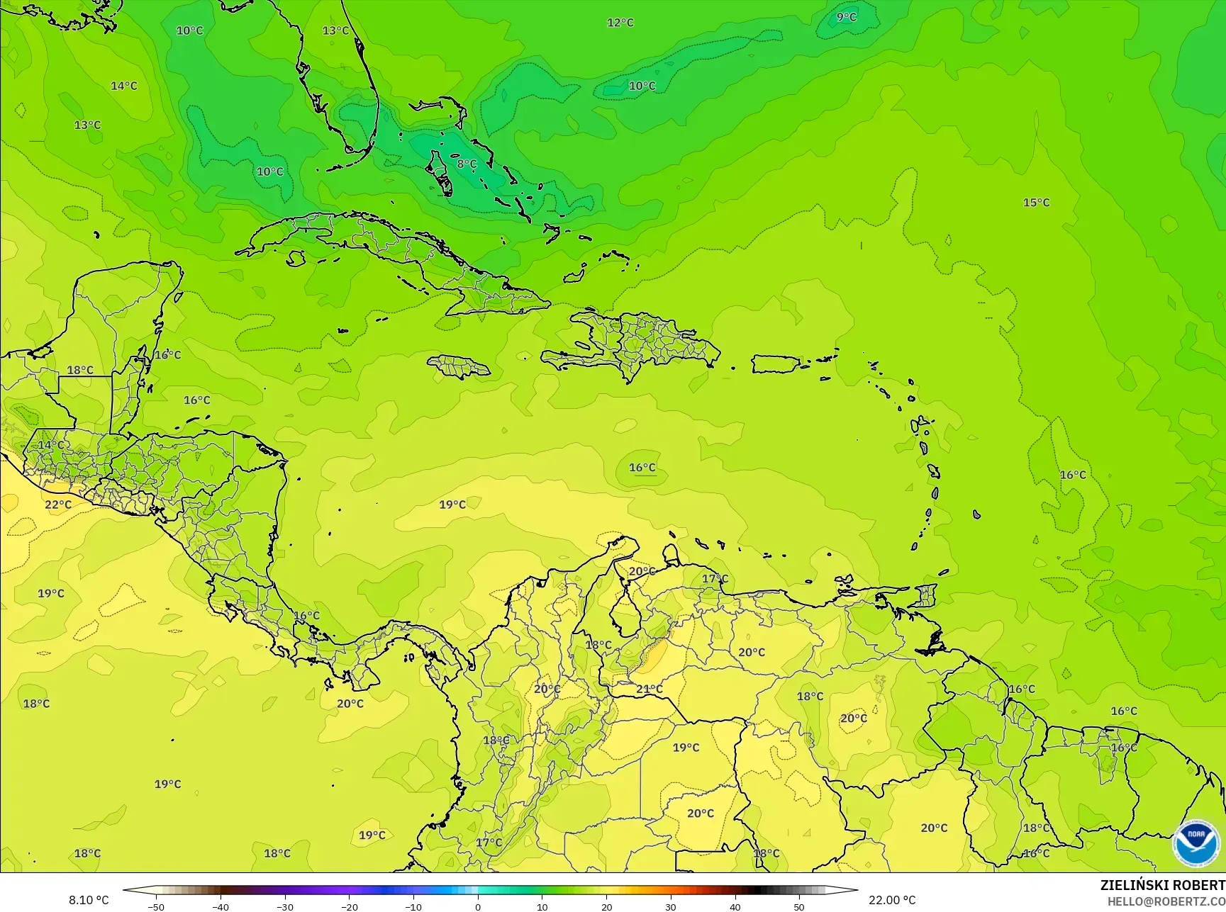GFS model - Karibia, Suhu 850 hPa
