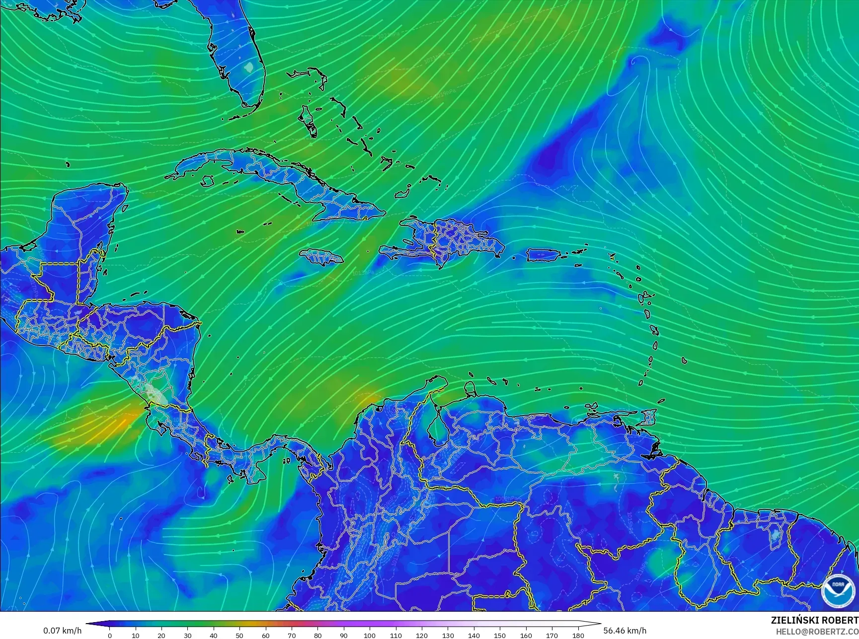 GFS model - Karibia, Angin 10 m