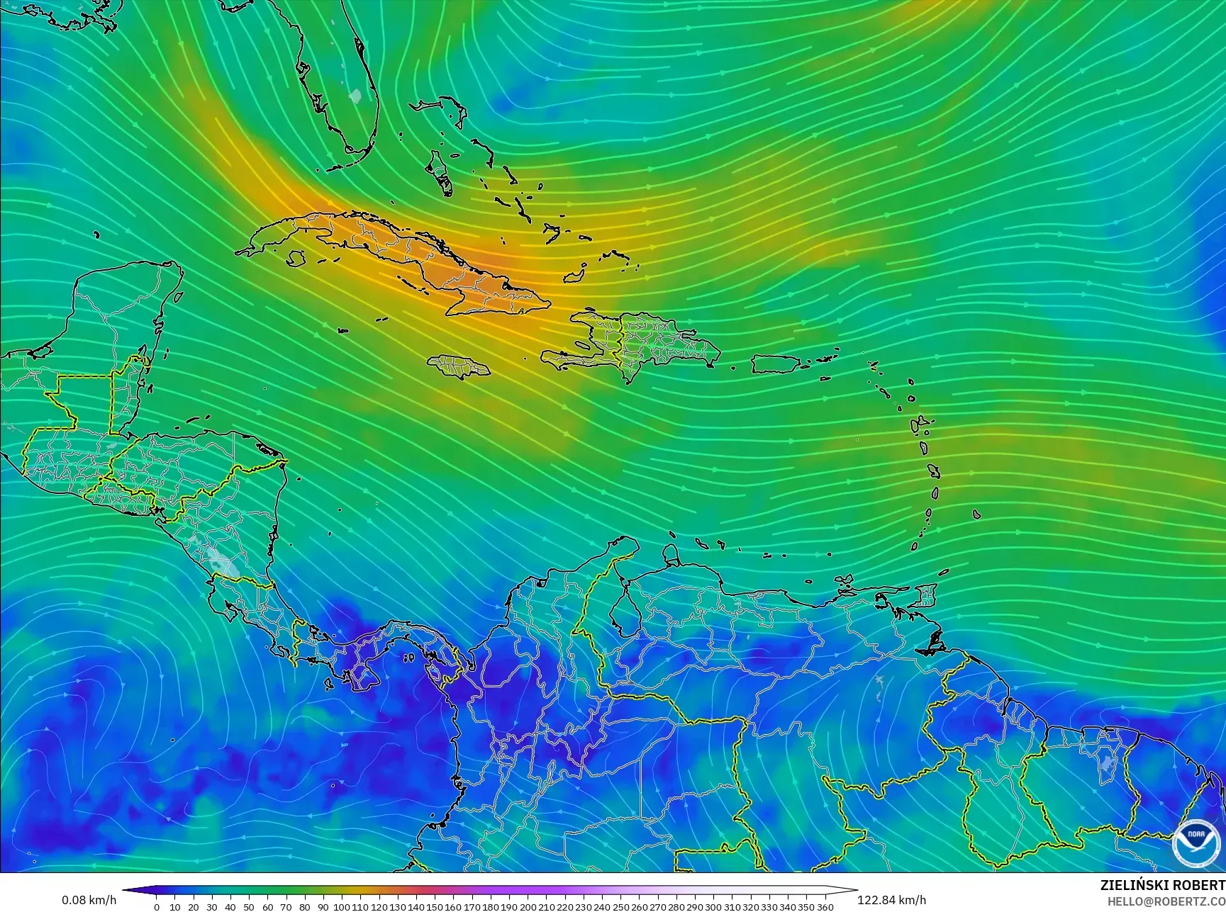 GFS model - Karibia, Angin 300 hPa (aliran jet)