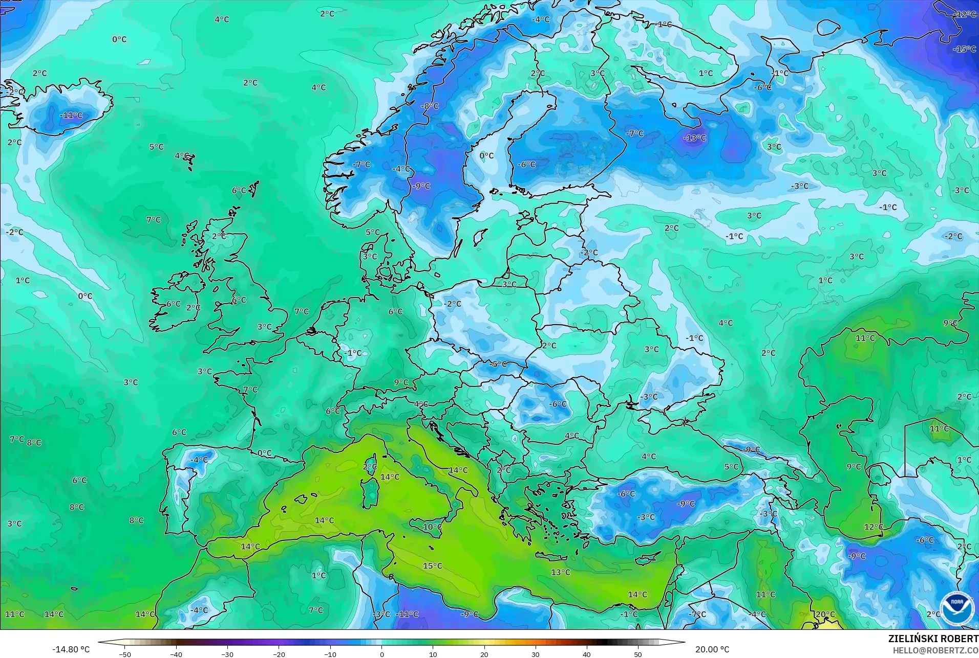 GFS model - Eropa, Titik Embun 2 m
