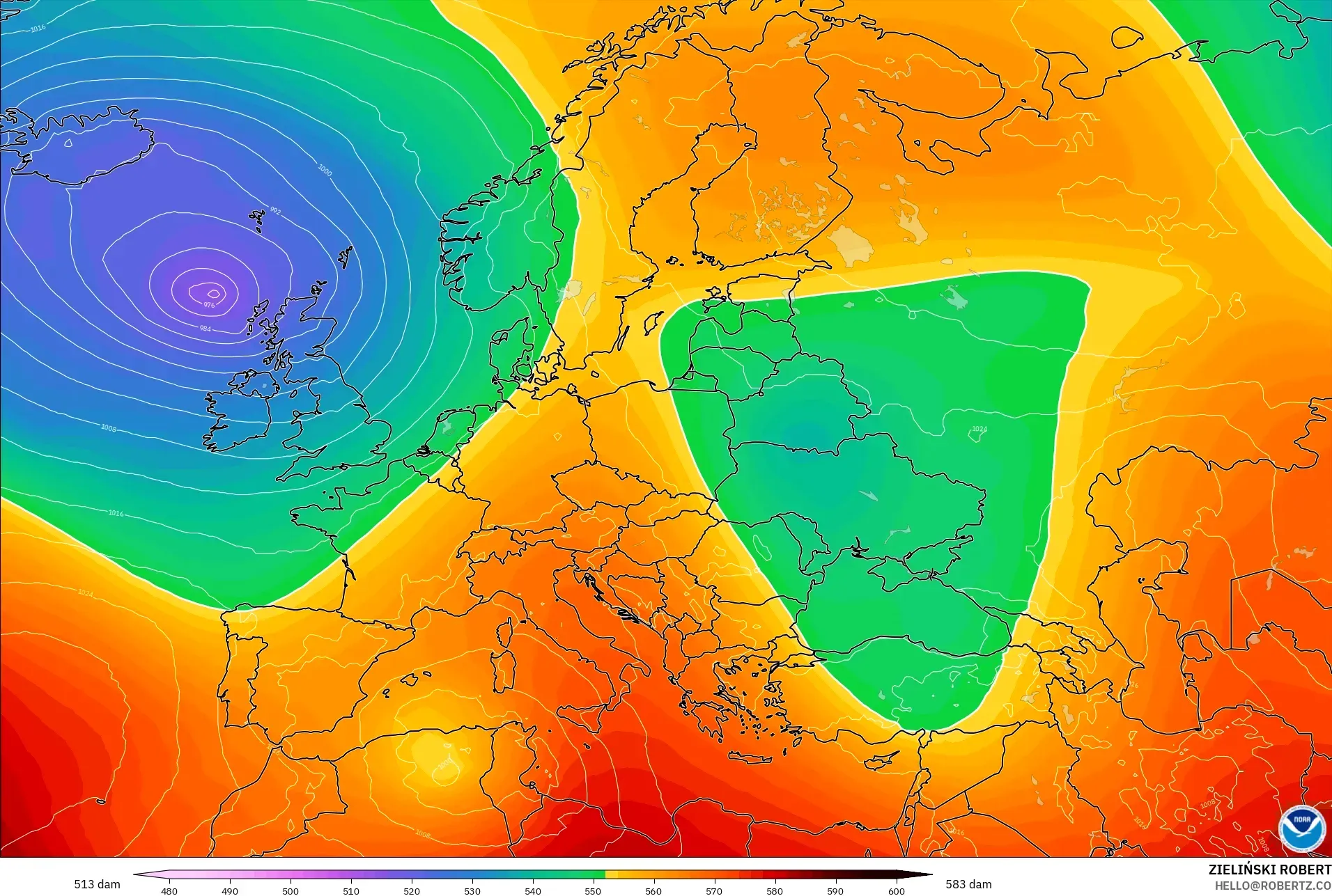 GFS model - Eropa, Ketinggian geopotensial pada 500 hPa