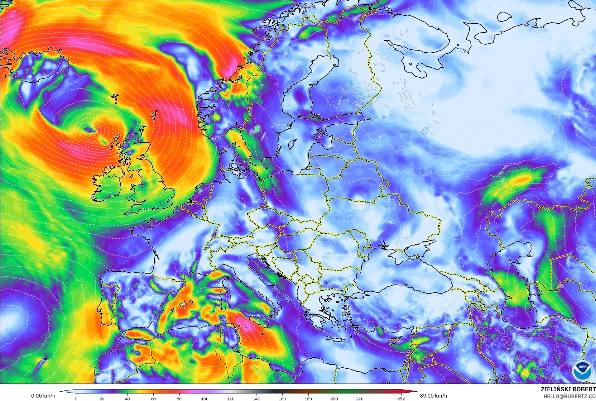 GFS model - Eropa, Hembusan Angin