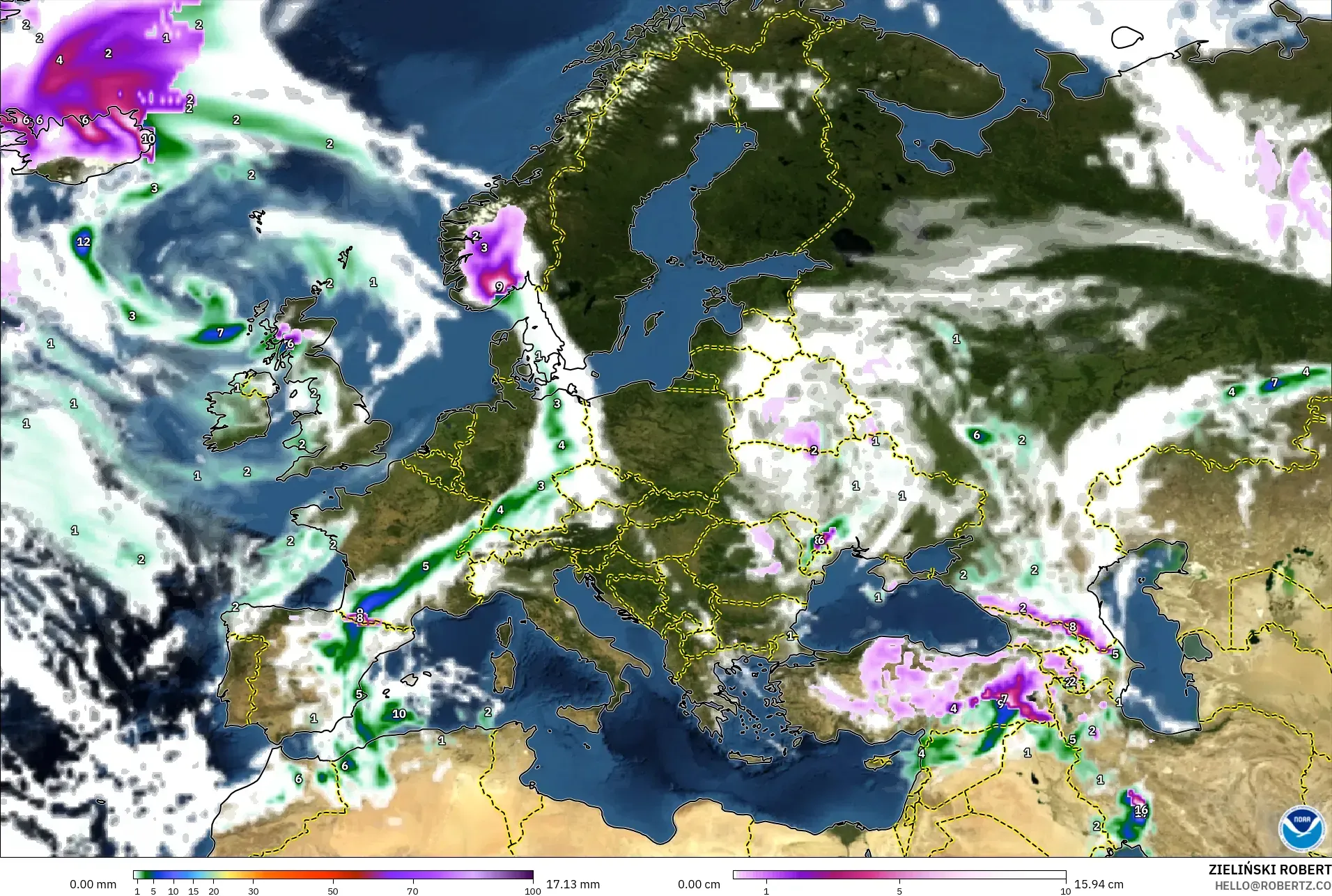 GFS model - Eropa, Curah Hujan, Awan, dan Tekanan