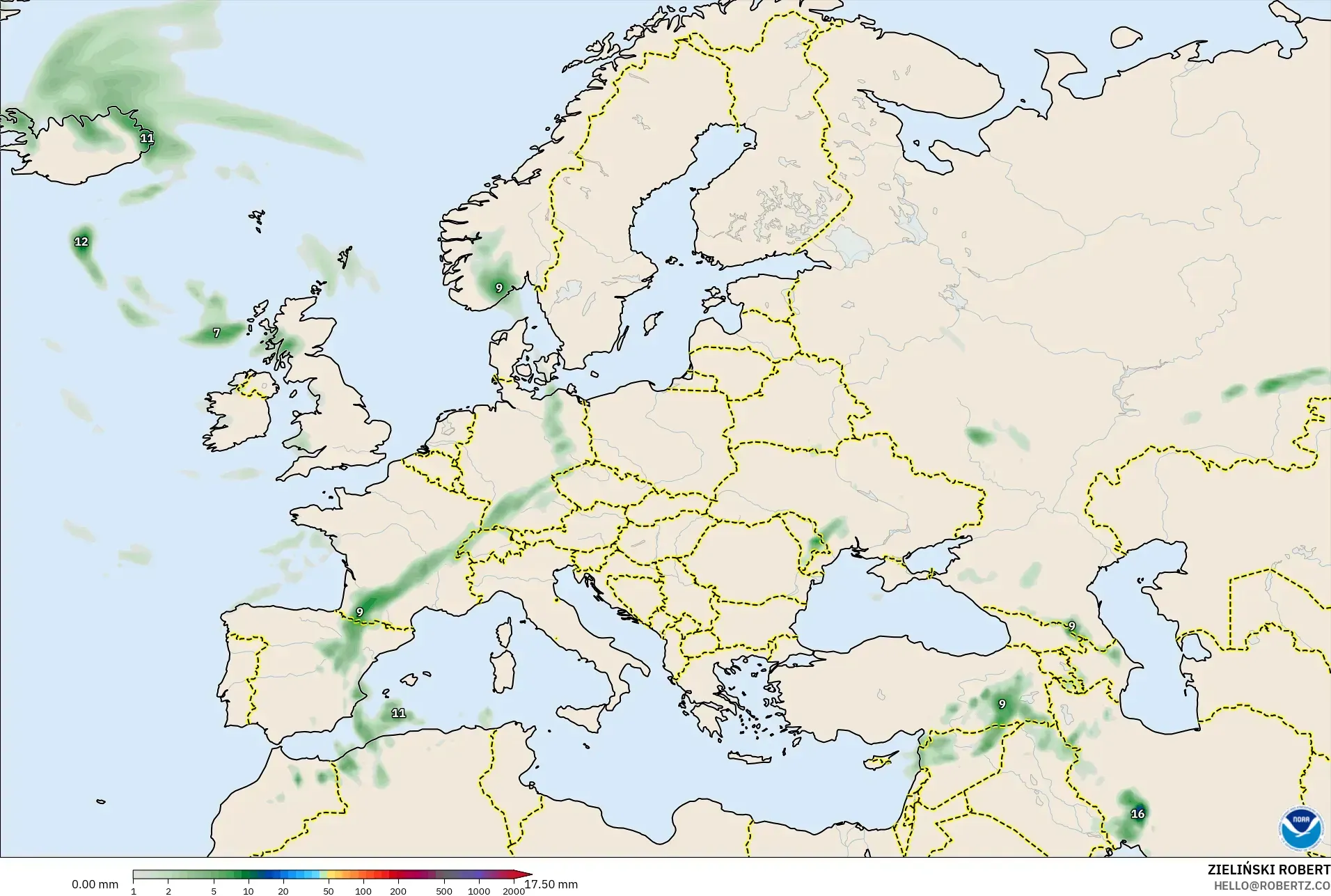 GFS model - Eropa, Akumulasi Curah Hujan