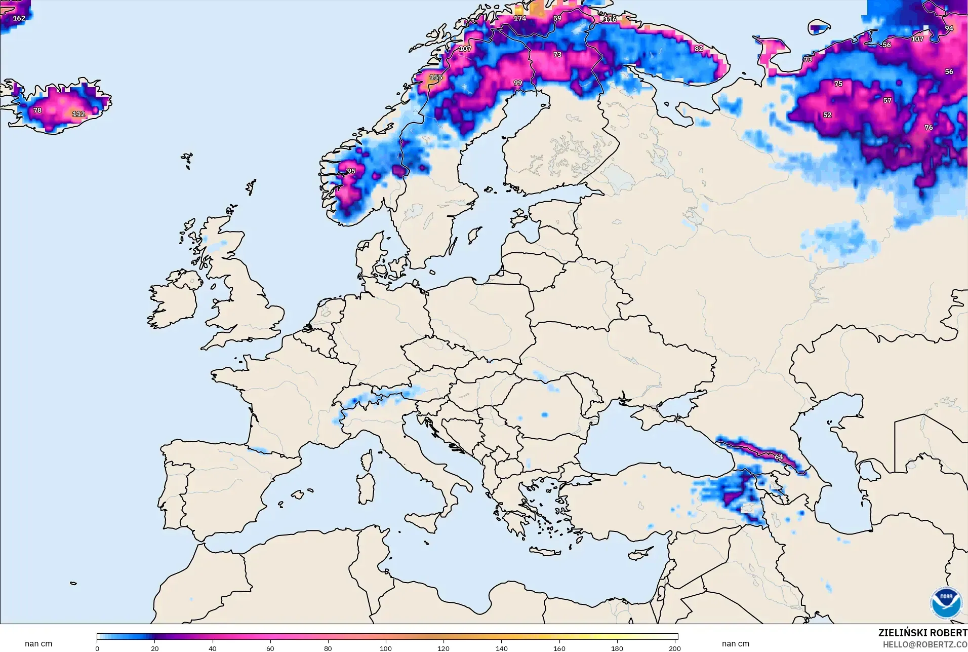 GFS model - Eropa, Kedalaman Salju