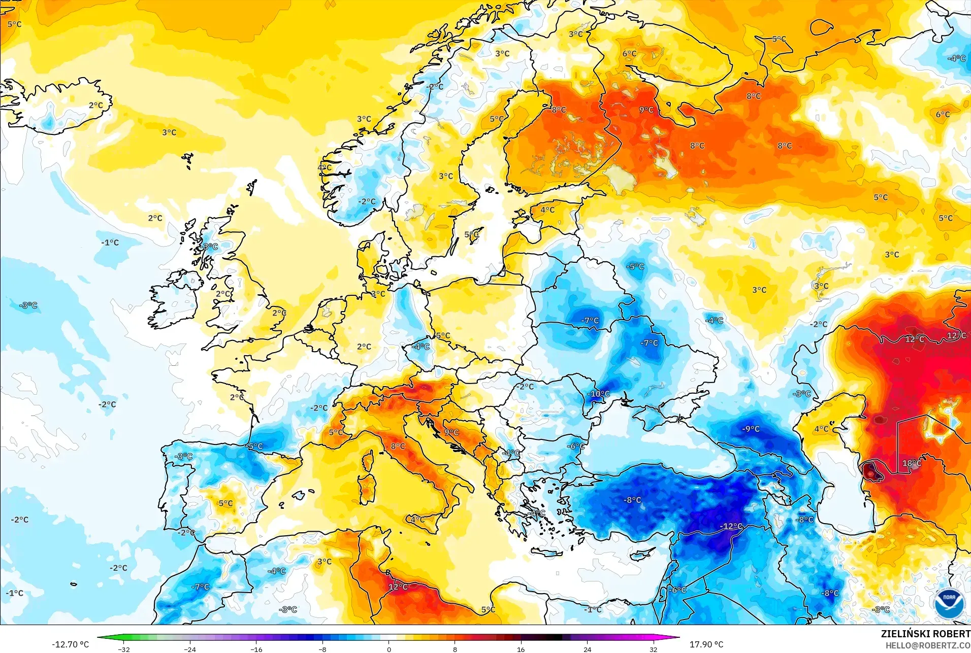 GFS model - Eropa, Anomali Suhu 2 m