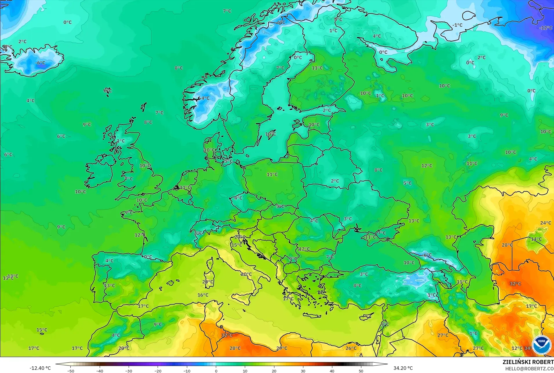 GFS model - Eropa, Suhu 2 m