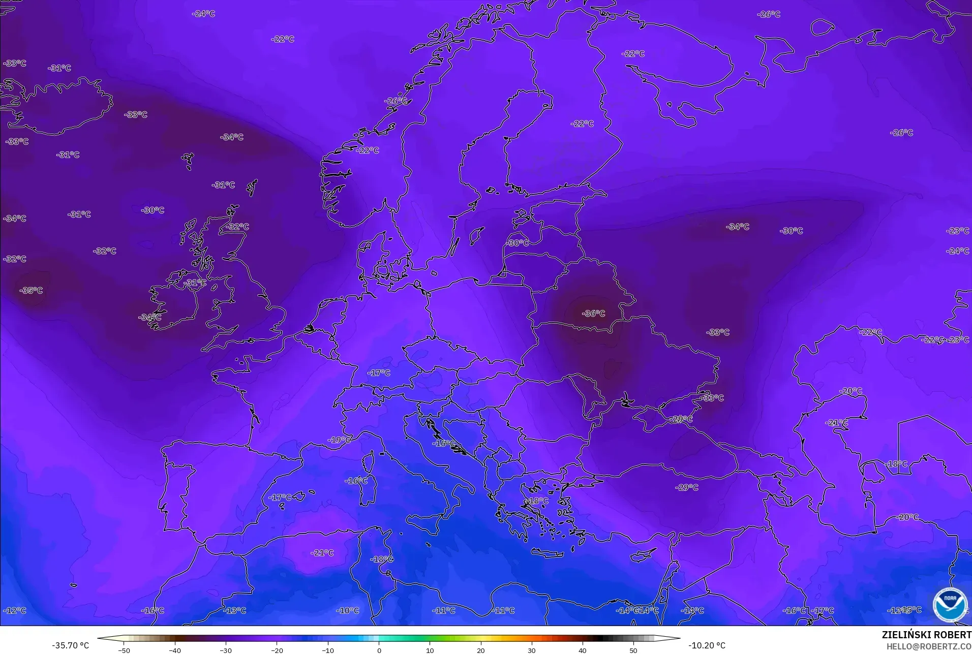 GFS model - Eropa, Suhu 500 hPa