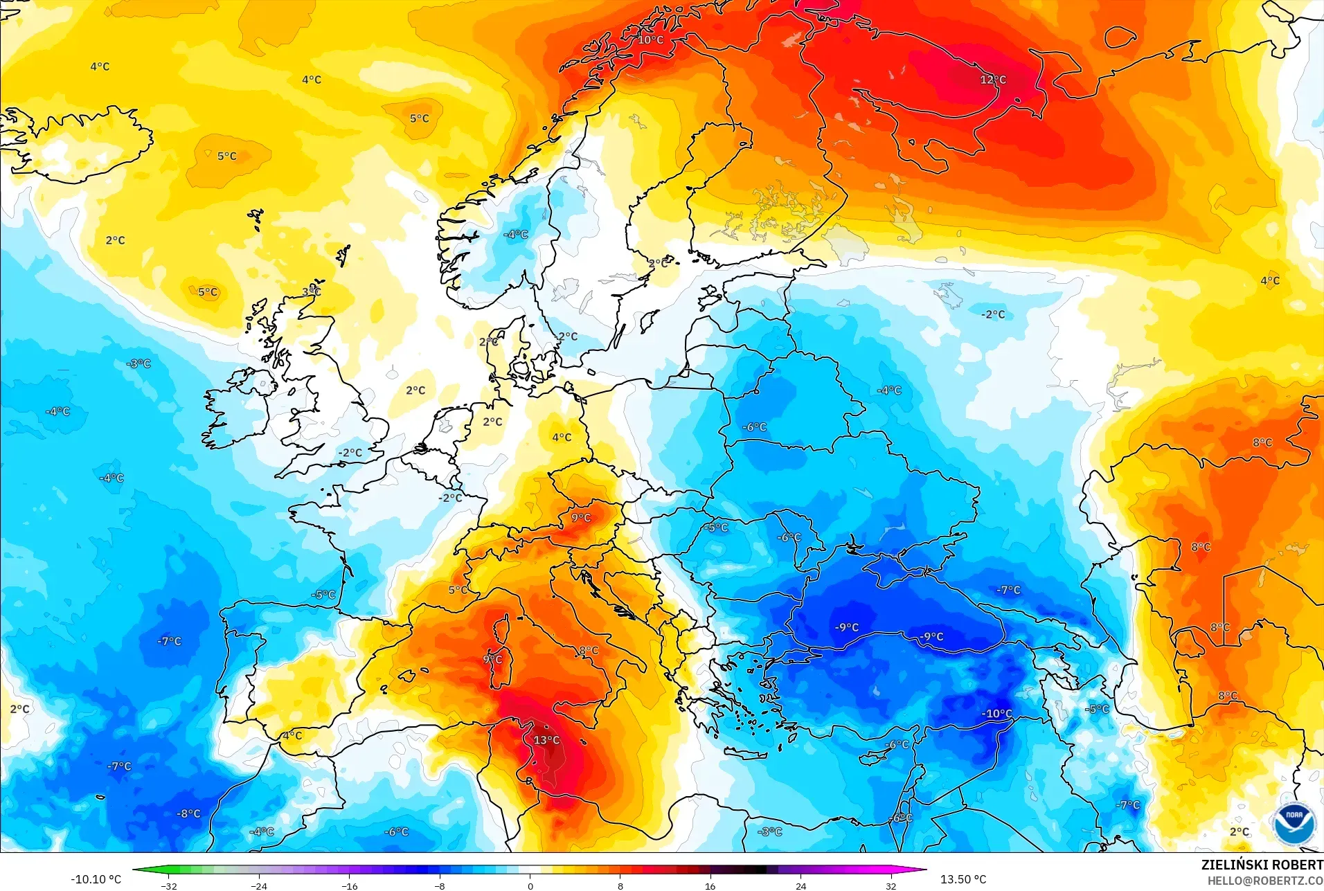 GFS model - Eropa, Anomali Suhu 850 hPa