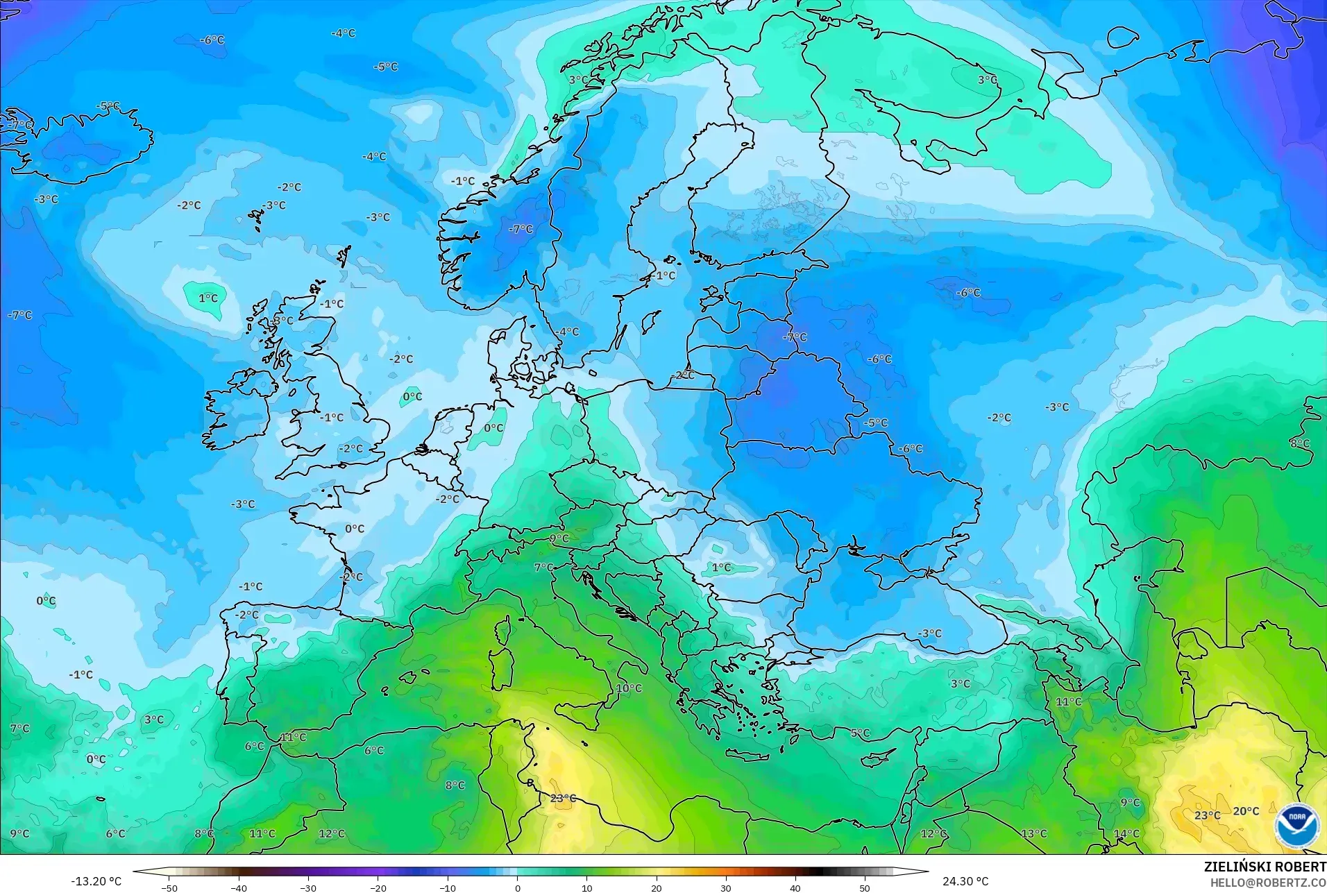 GFS model - Eropa, Suhu 850 hPa
