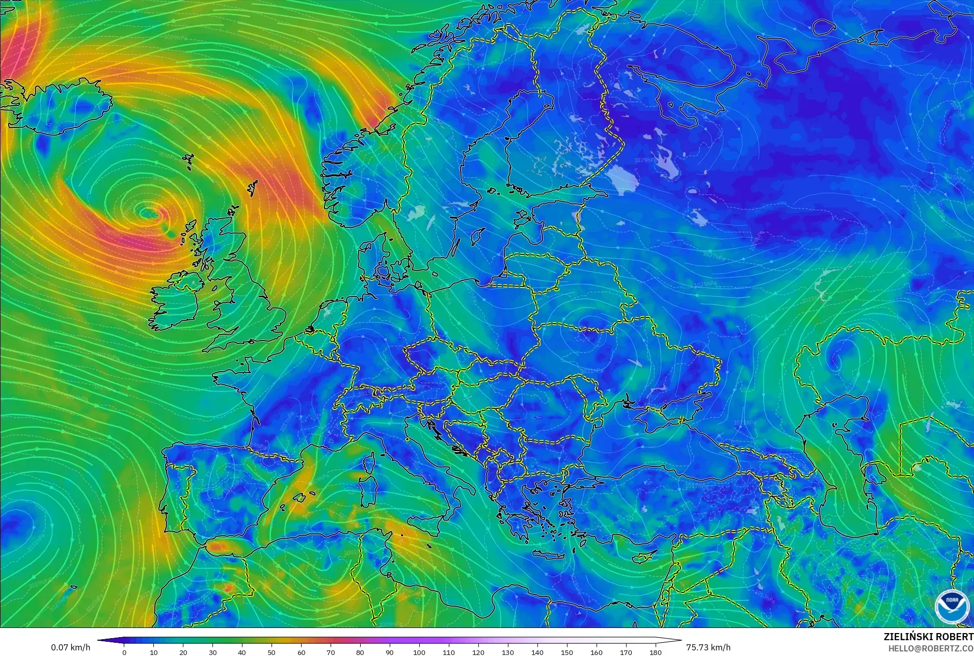 GFS model - Eropa, Angin 10 m