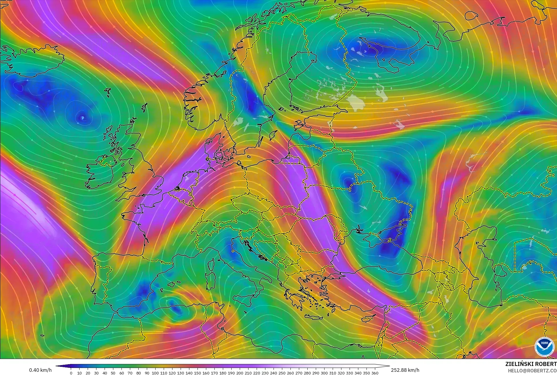 GFS model - Eropa, Angin 300 hPa (aliran jet)