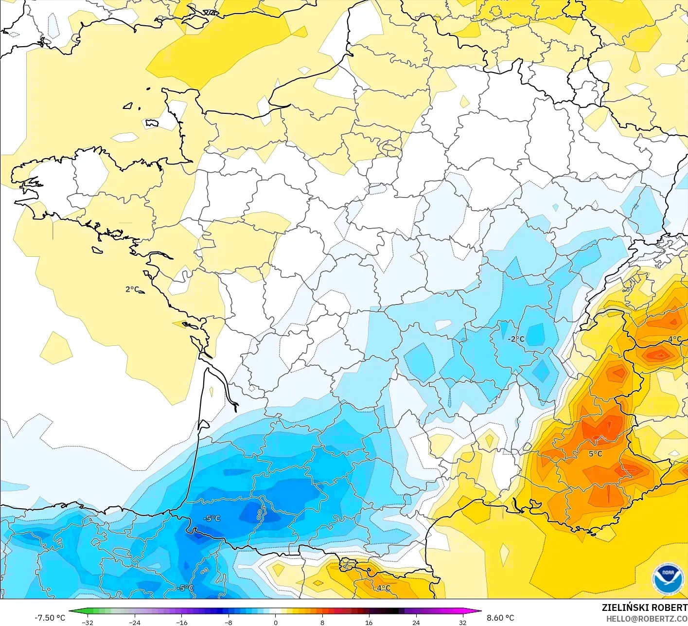 GFS model - Prancis, Anomali Suhu 2 m