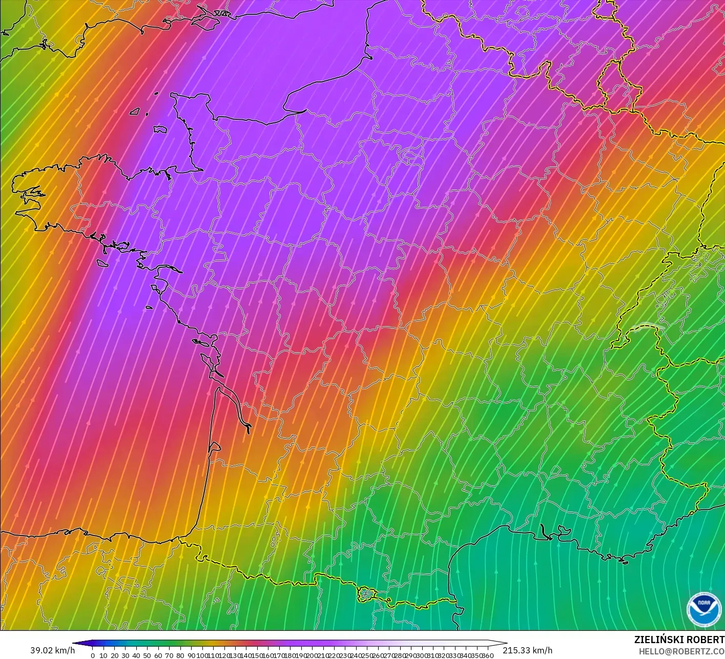 GFS model - Prancis, Angin 300 hPa (aliran jet)