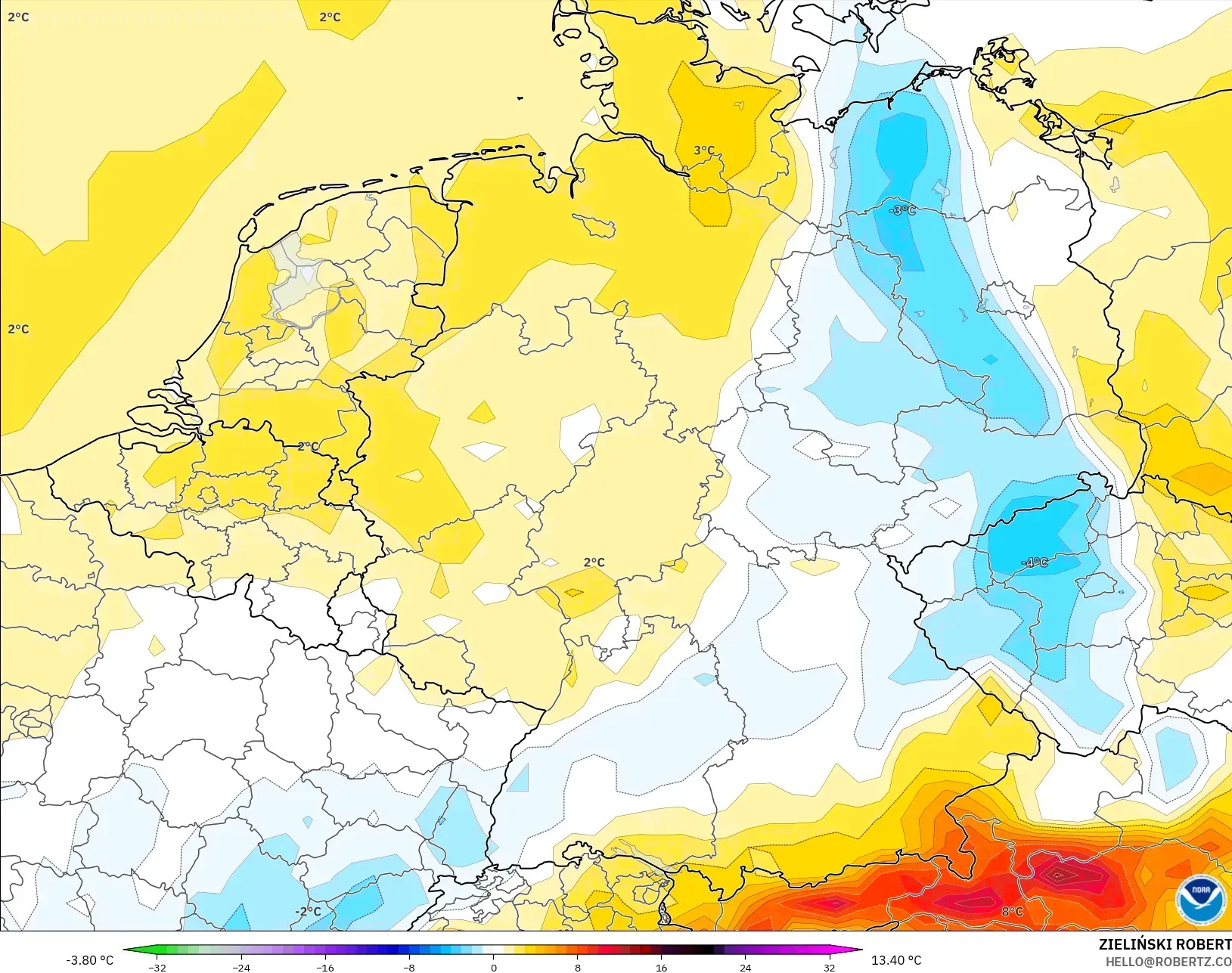 GFS model - Jerman, Anomali Suhu 2 m