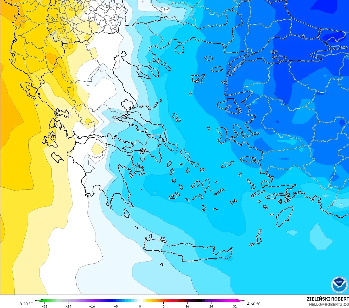 GFS model - Yunani, Anomali Suhu 850 hPa