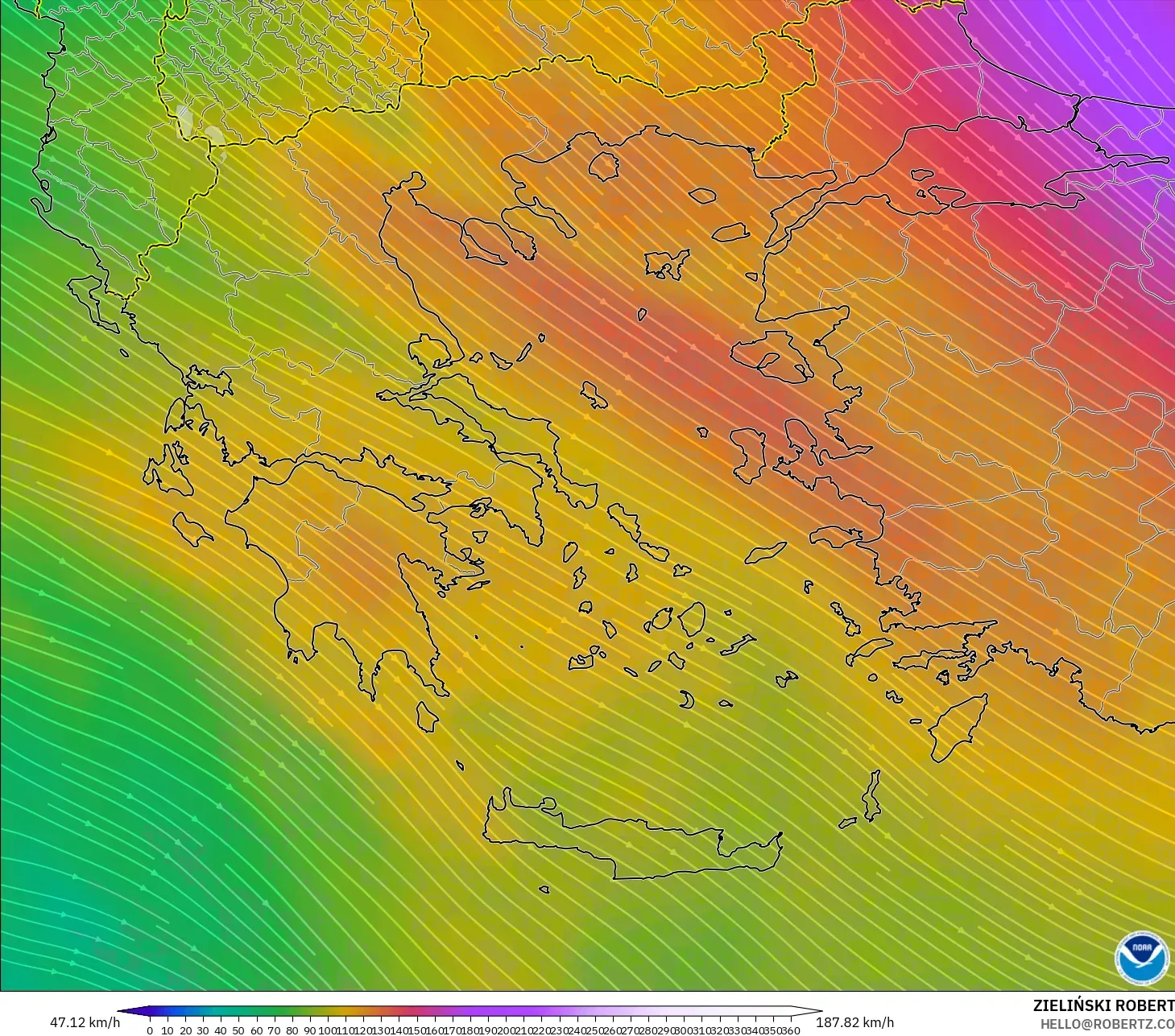 GFS model - Yunani, Angin 300 hPa (aliran jet)