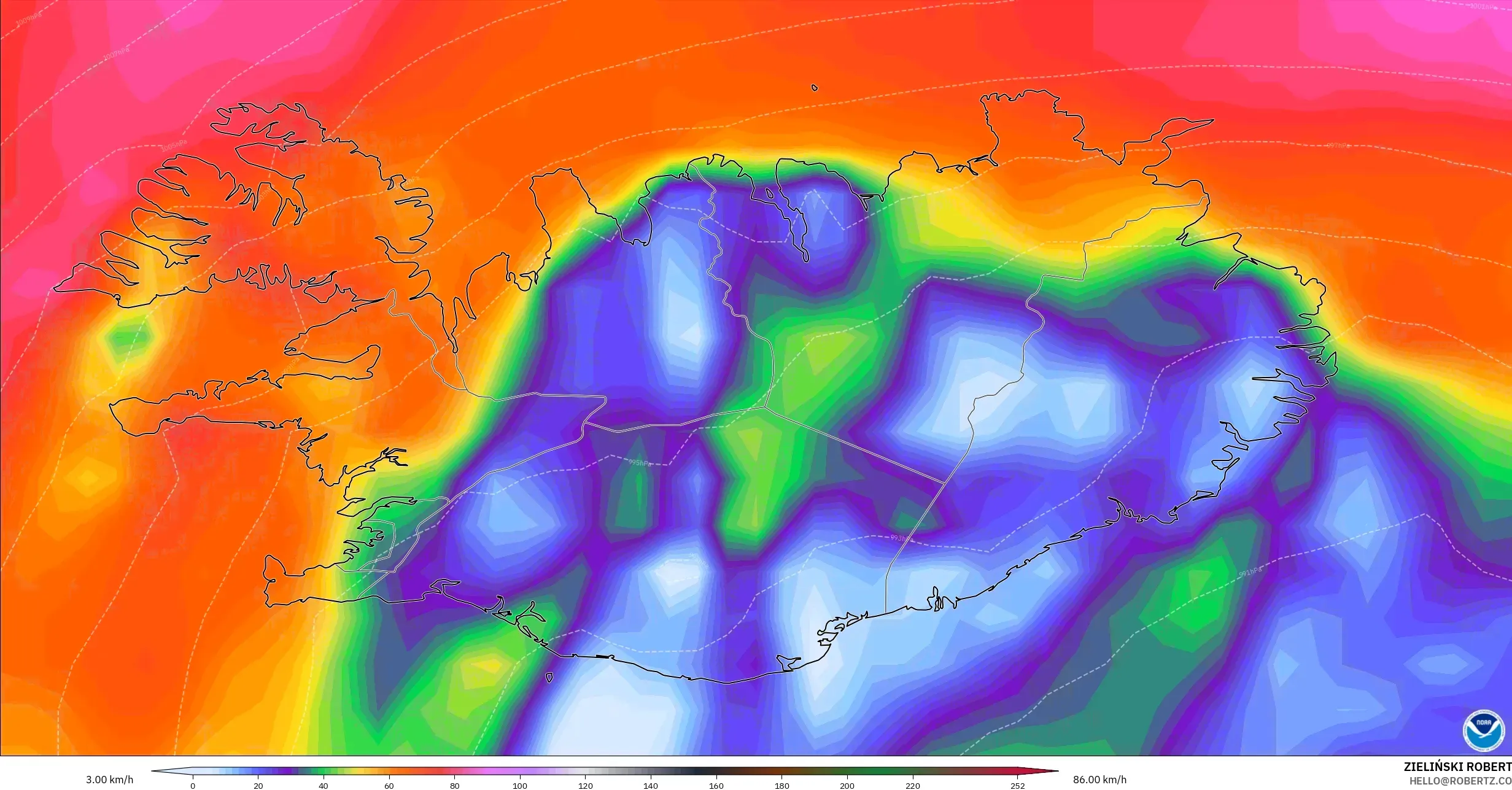 GFS model - Islandia, Puncak Hembusan