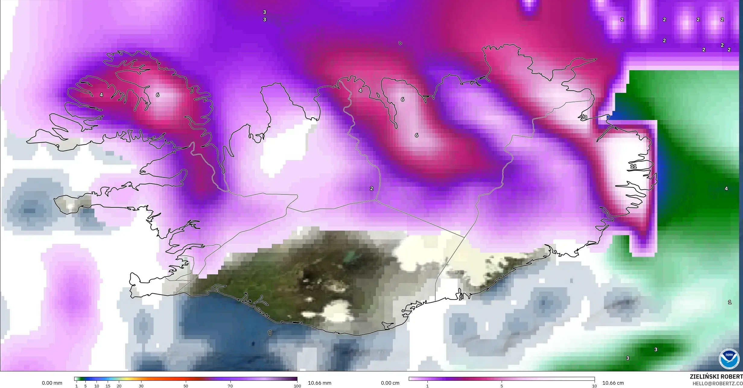 GFS model - Islandia, Curah Hujan, Awan, dan Tekanan