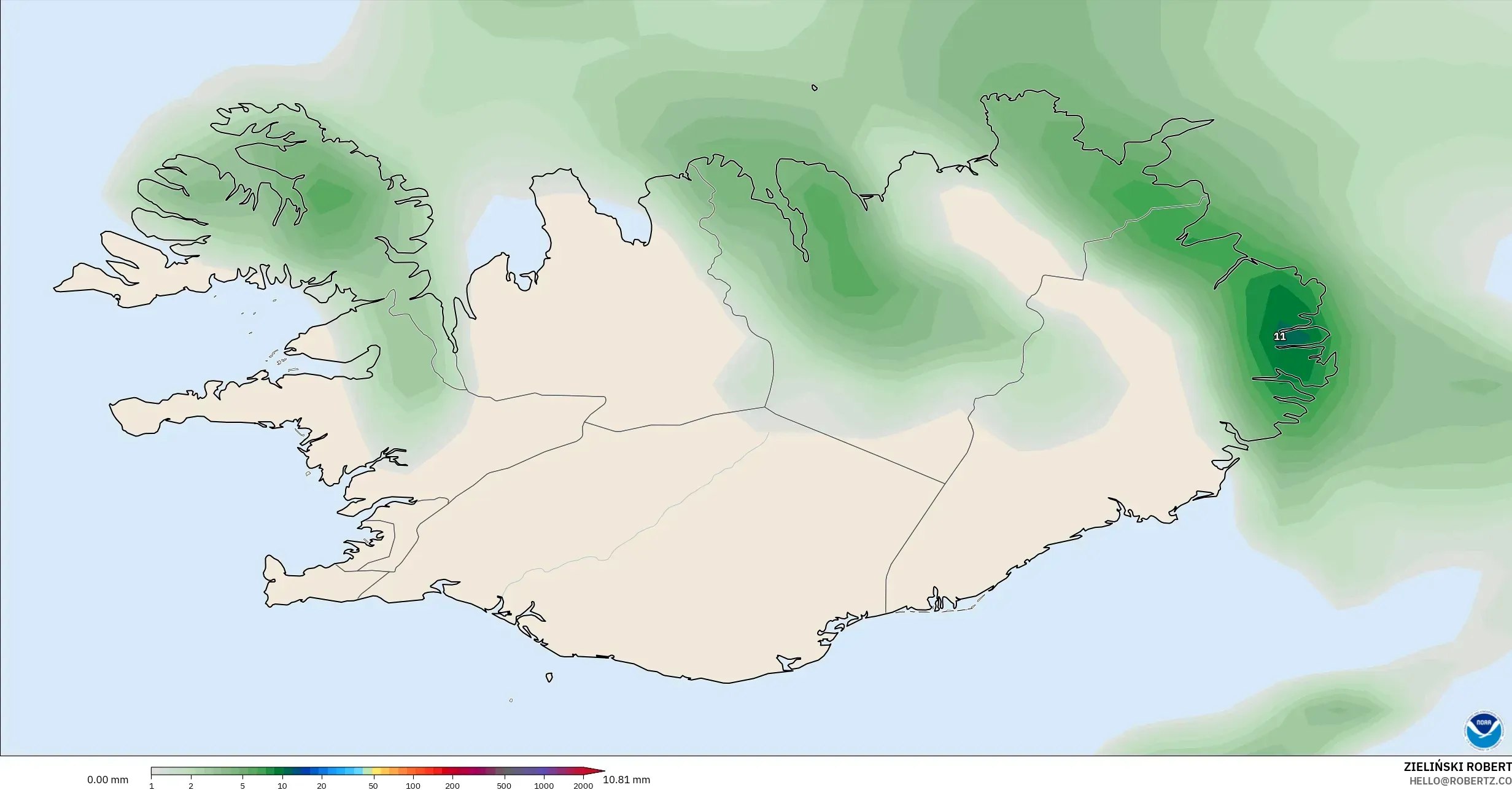 GFS model - Islandia, Akumulasi Curah Hujan