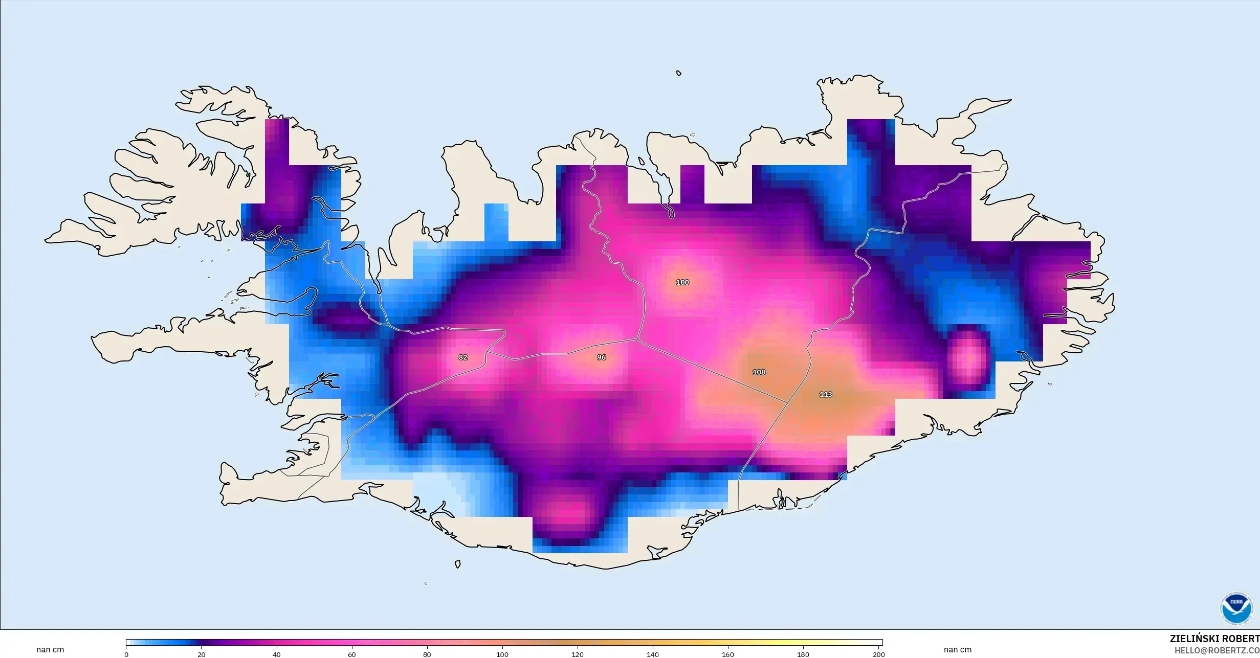 GFS model - Islandia, Kedalaman Salju