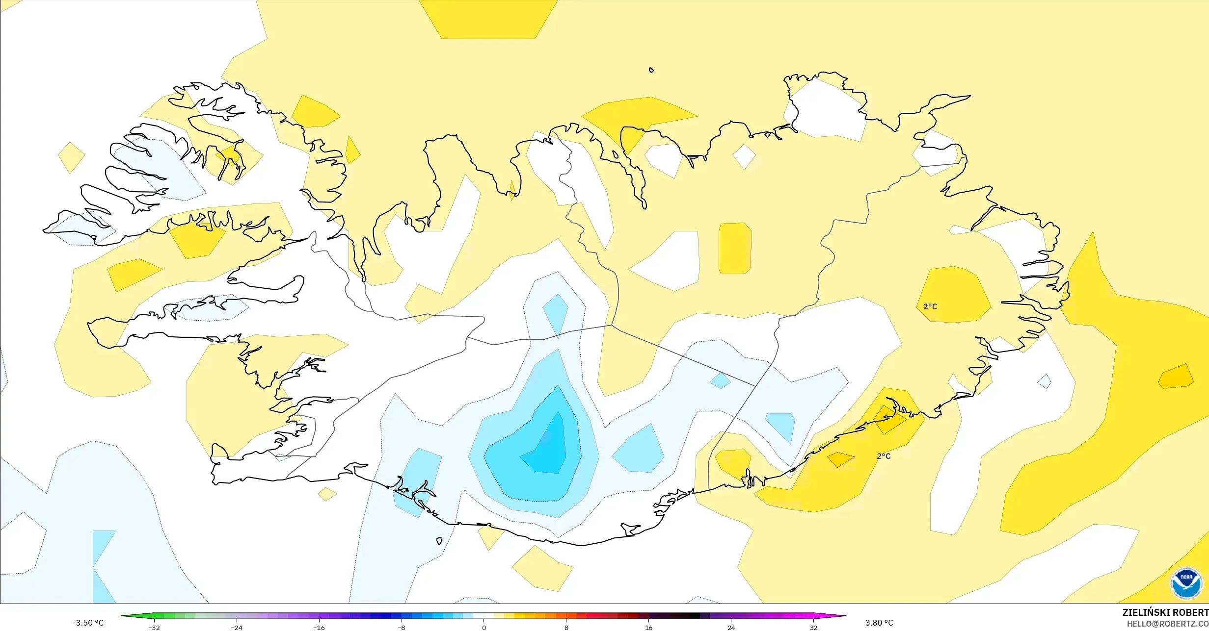 GFS model - Islandia, Anomali Suhu 2 m