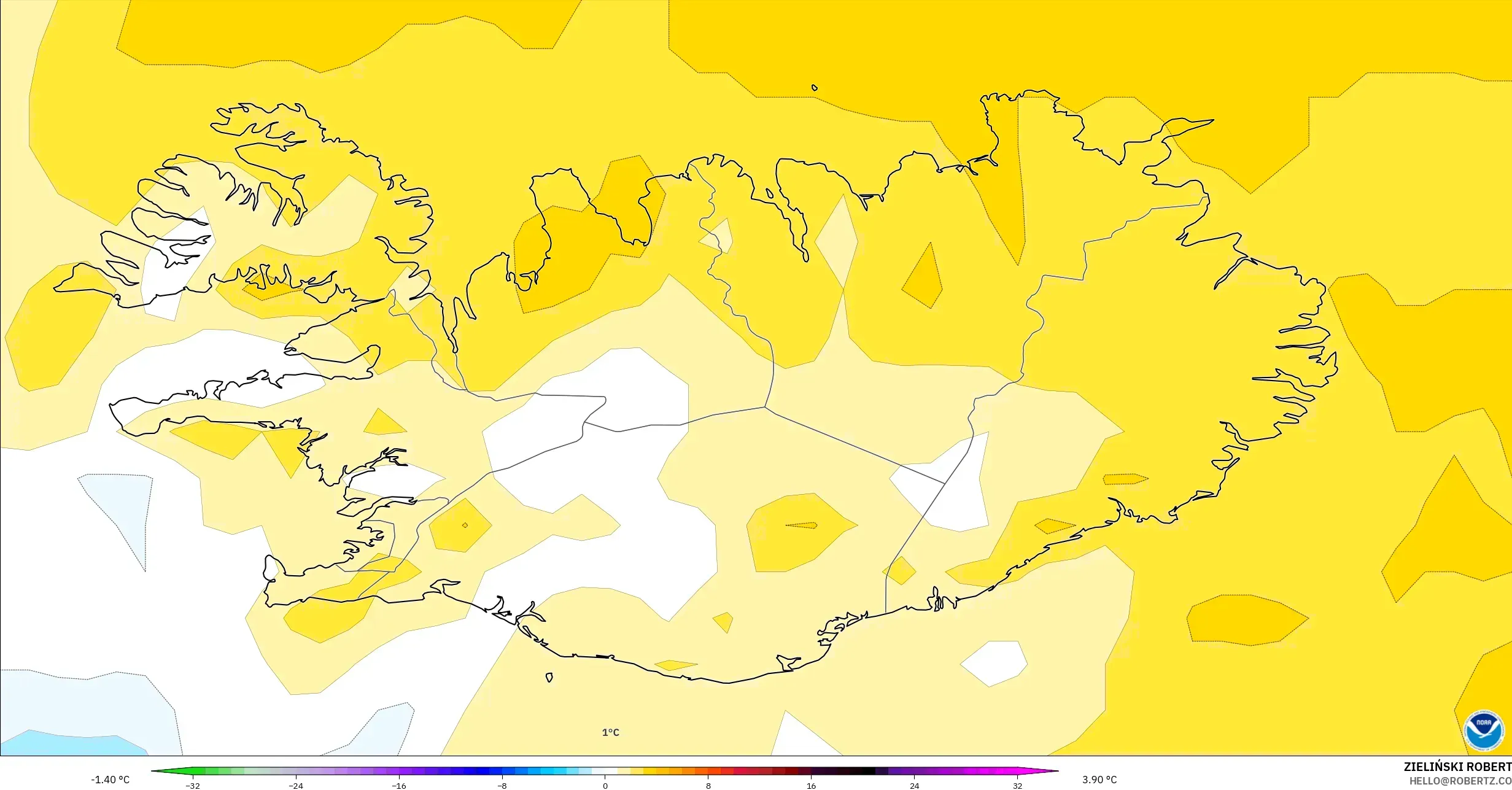 GFS model - Islandia, Anomali Suhu 850 hPa