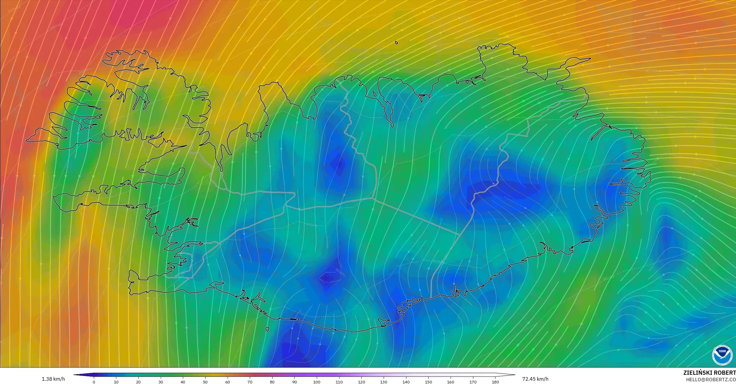 GFS model - Islandia, Angin 10 m