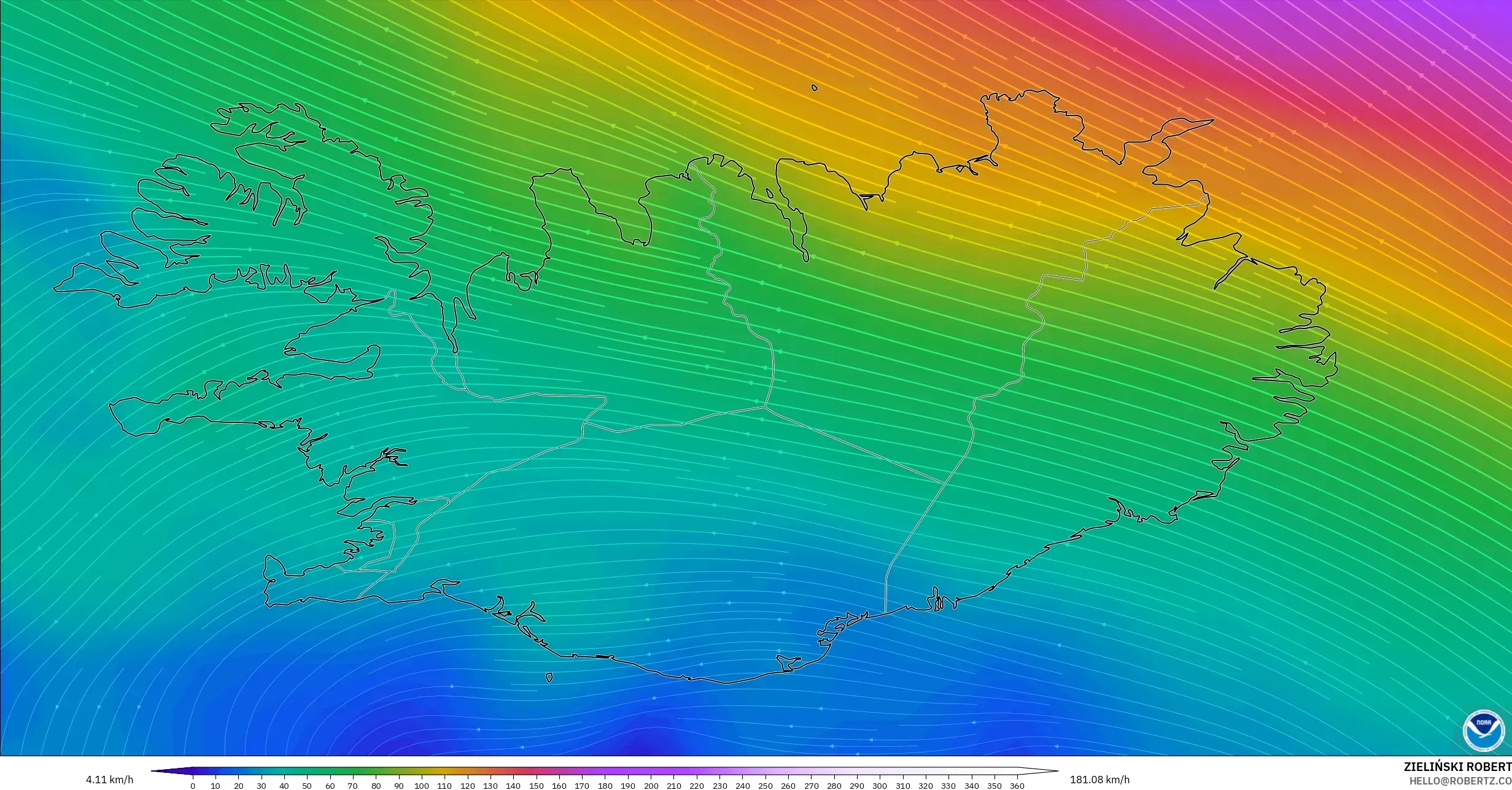 GFS model - Islandia, Angin 300 hPa (aliran jet)