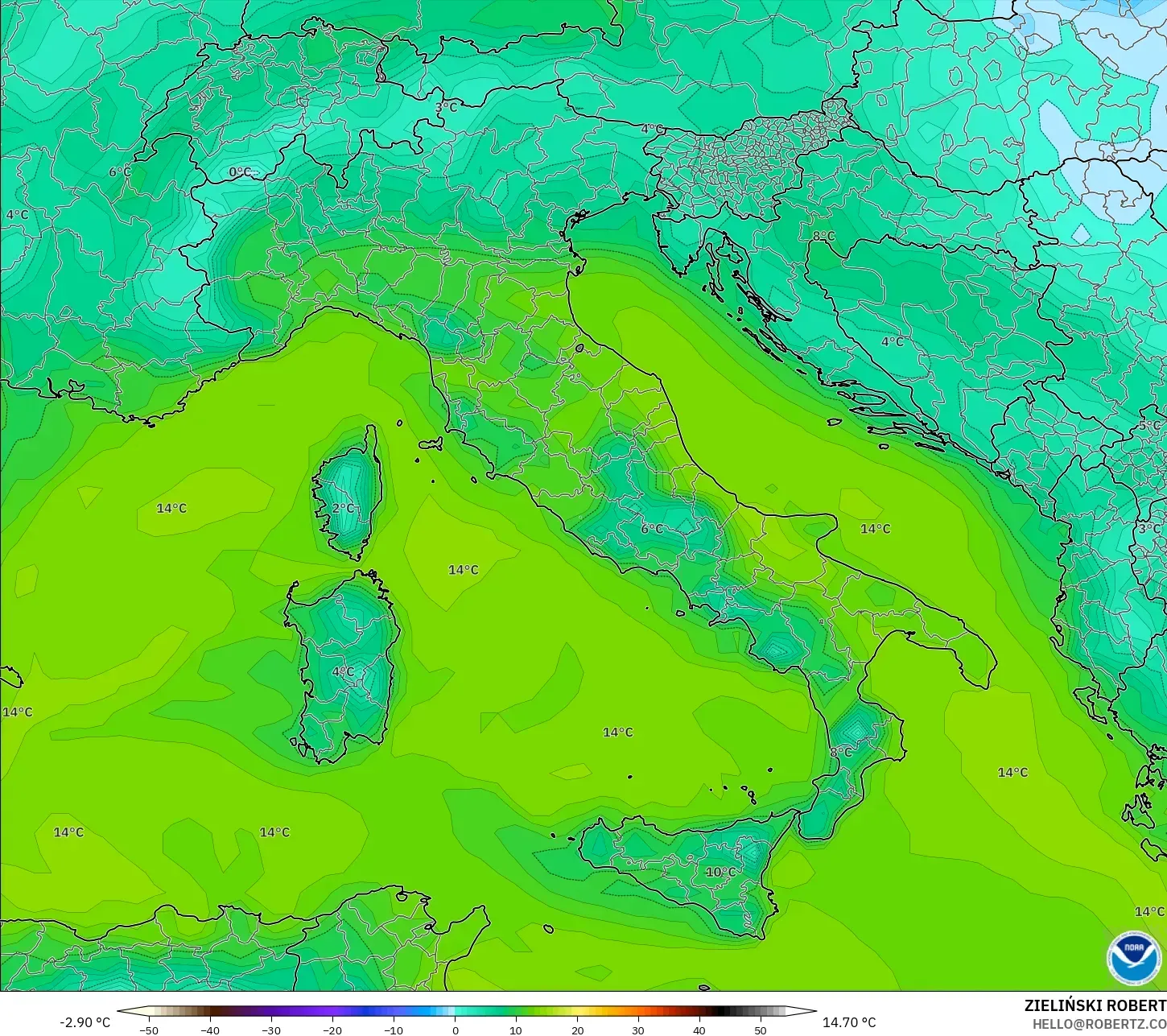 GFS model - Italia, Titik Embun 2 m