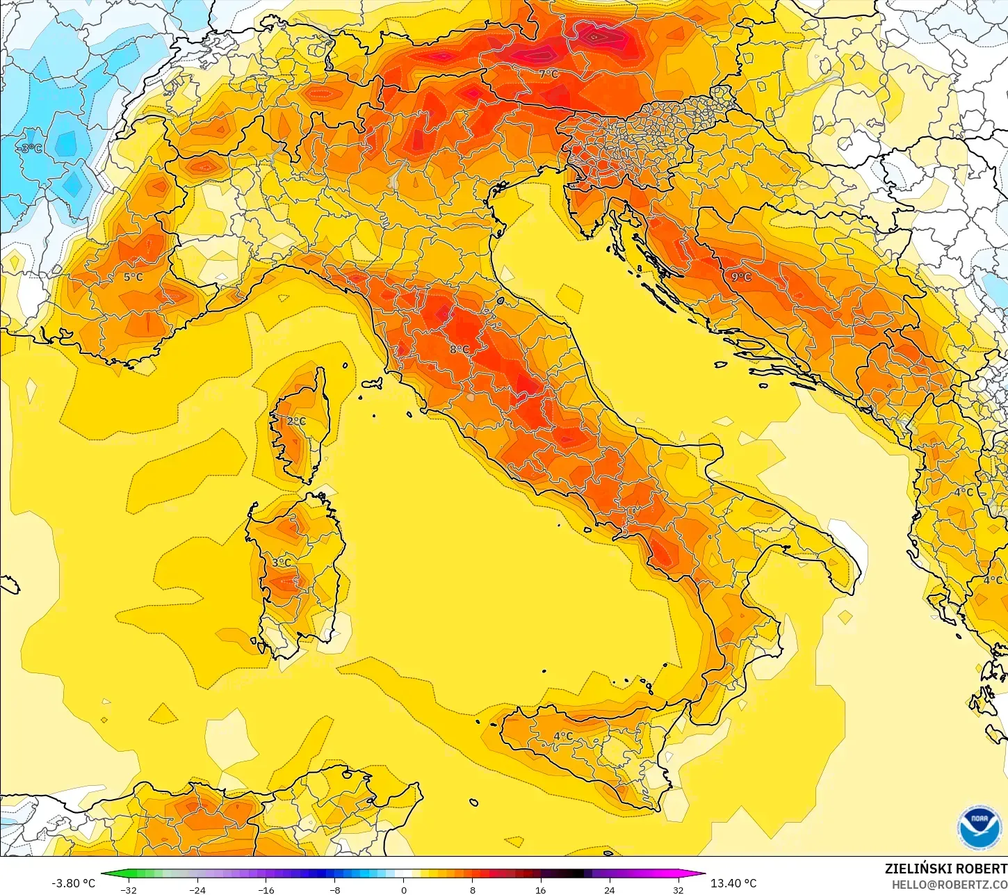 GFS model - Italia, Anomali Suhu 2 m