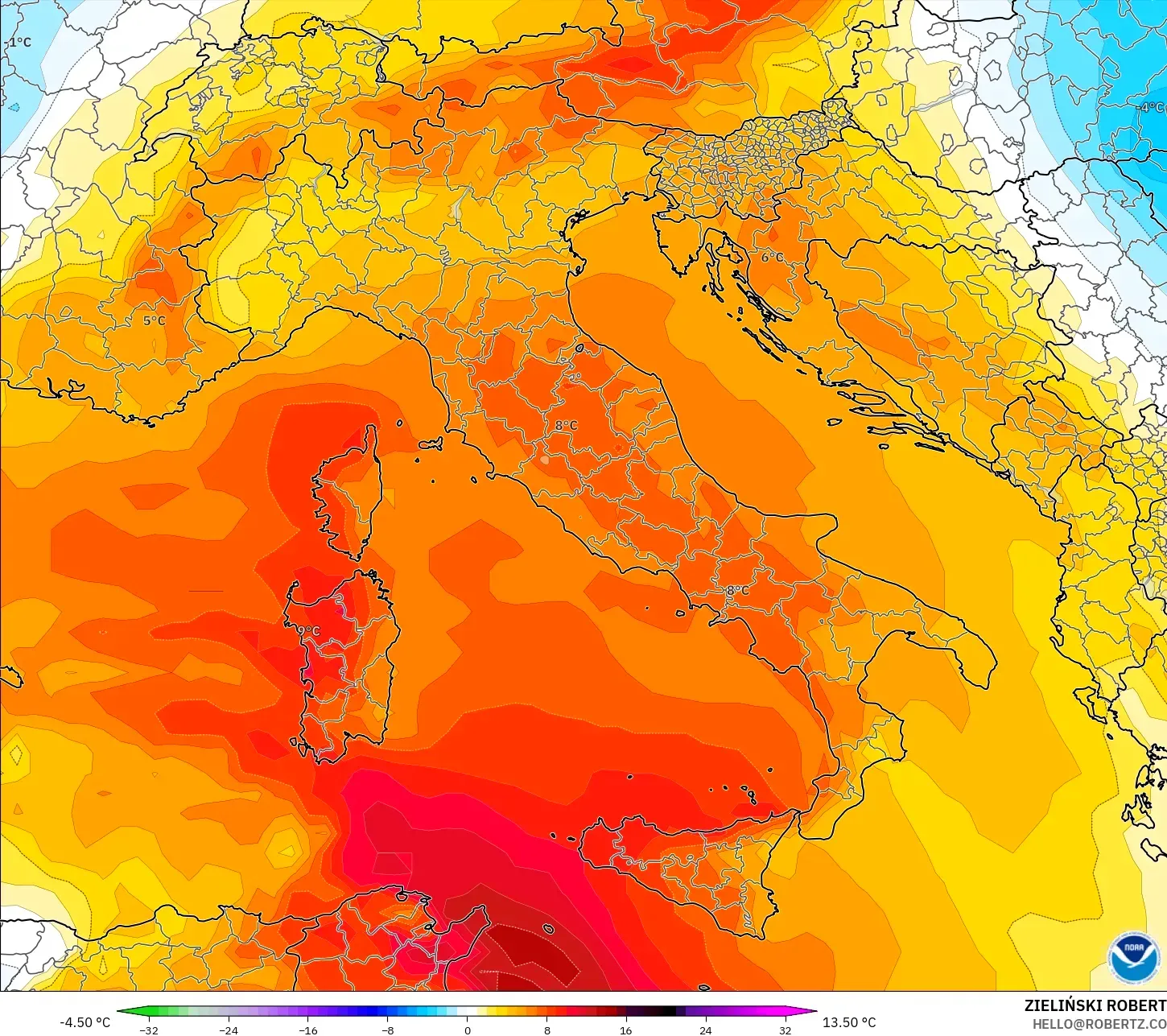 GFS model - Italia, Anomali Suhu 850 hPa