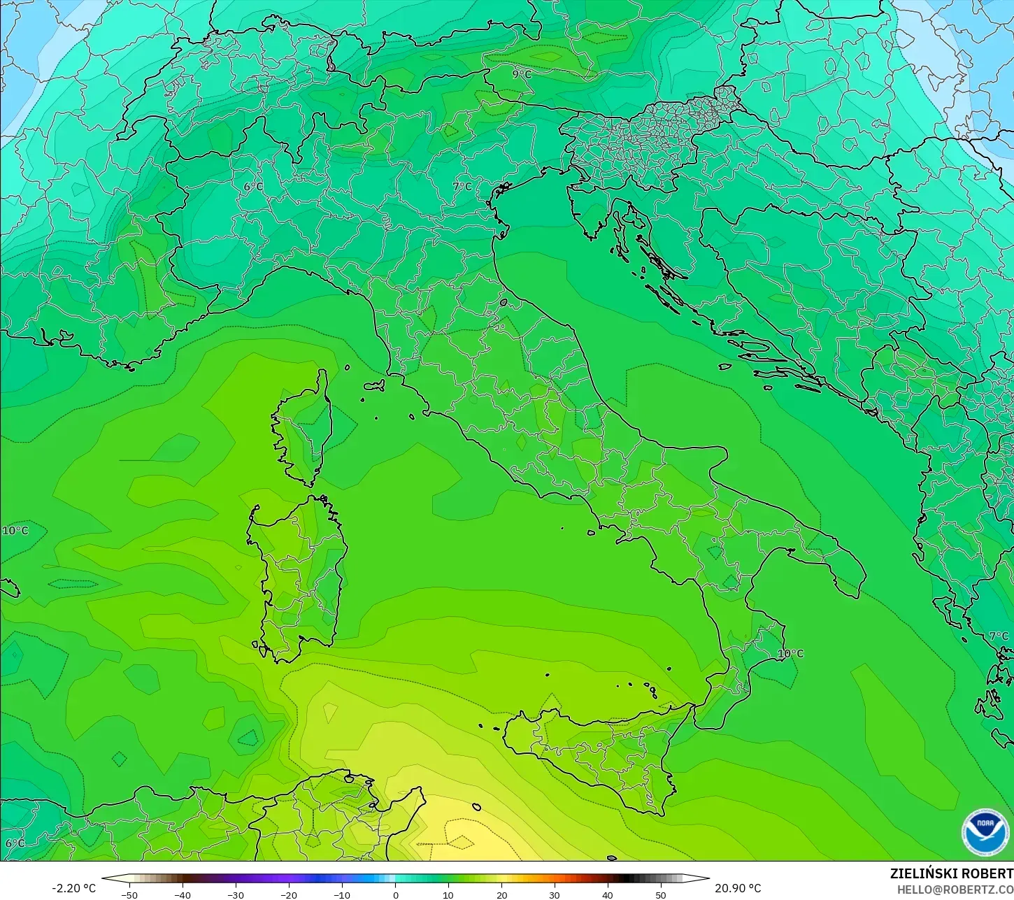 GFS model - Italia, Suhu 850 hPa