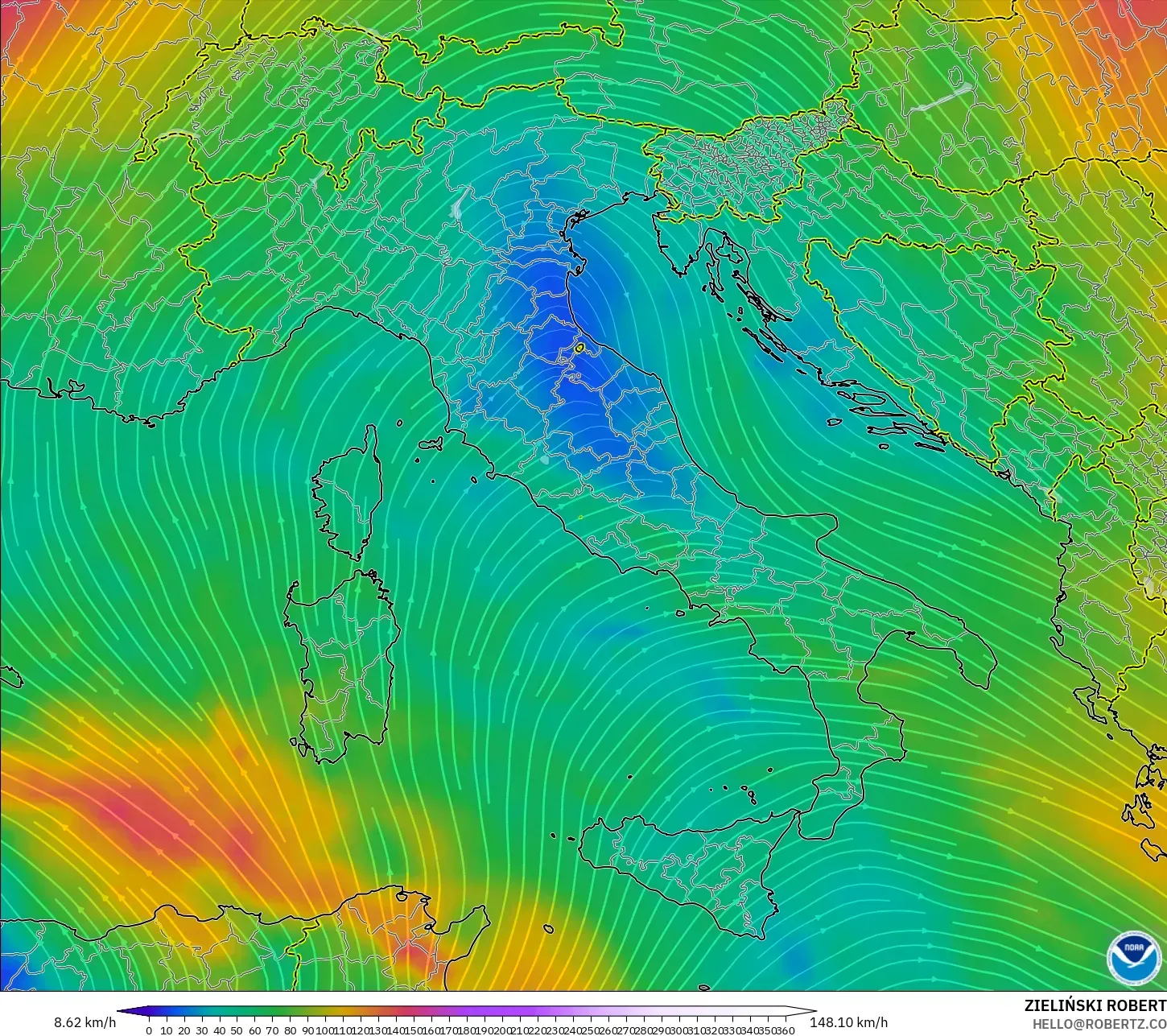 GFS model - Italia, Angin 300 hPa (aliran jet)