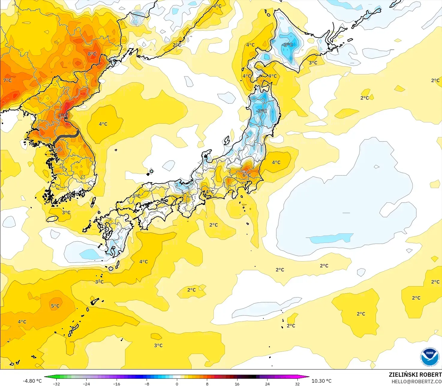 GFS model - Jepang, Anomali Suhu 2 m