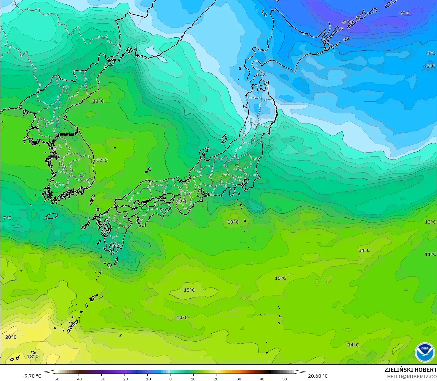 GFS model - Jepang, Suhu 850 hPa