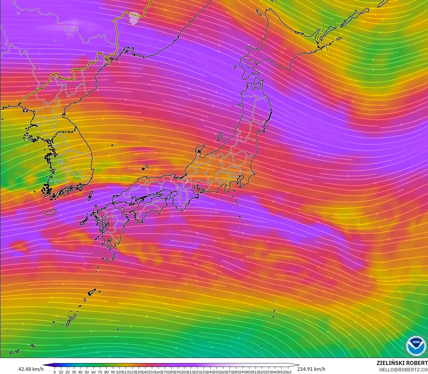 GFS model - Jepang, Angin 300 hPa (aliran jet)