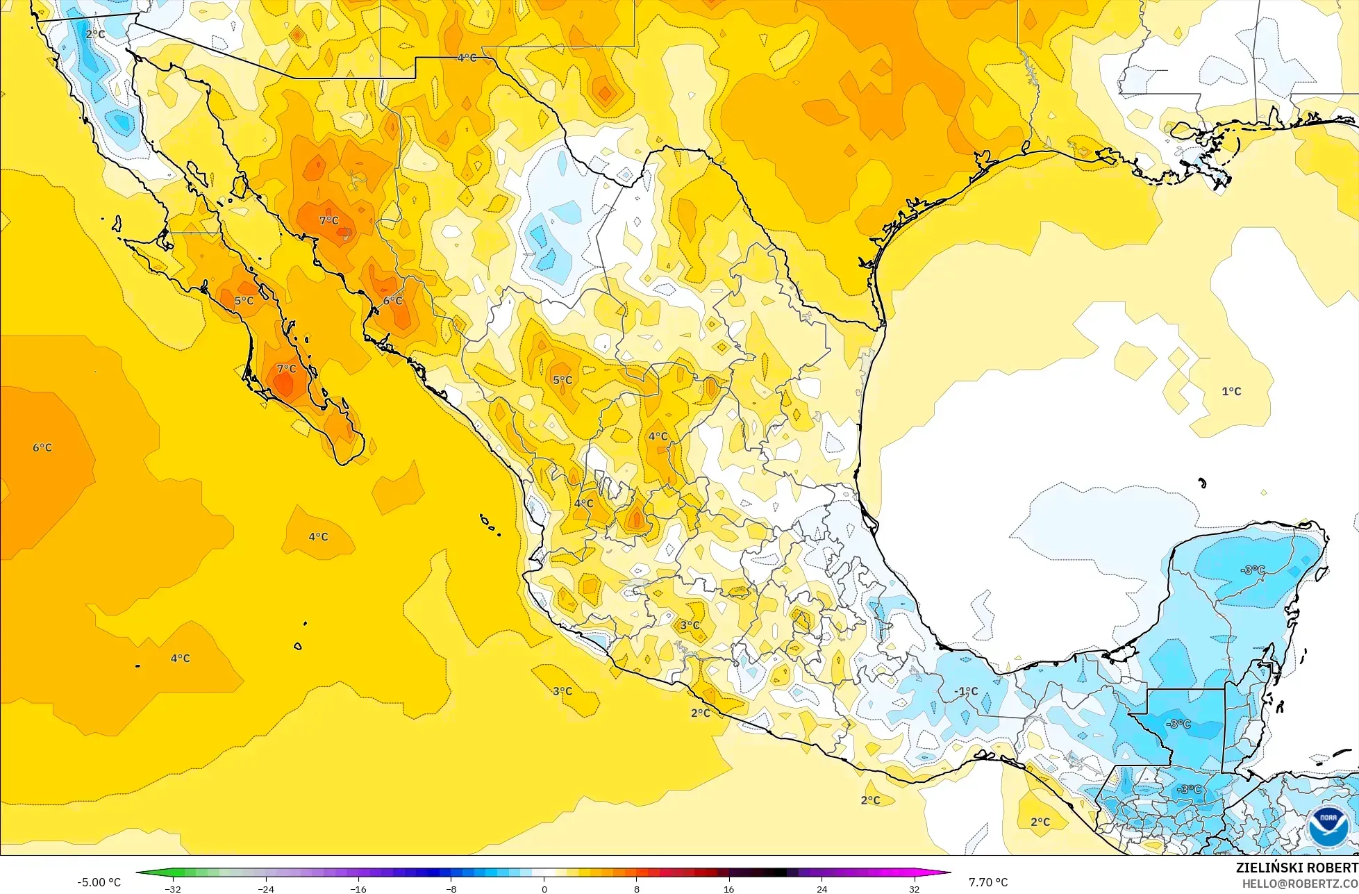 GFS model - Meksiko, Anomali Suhu 2 m