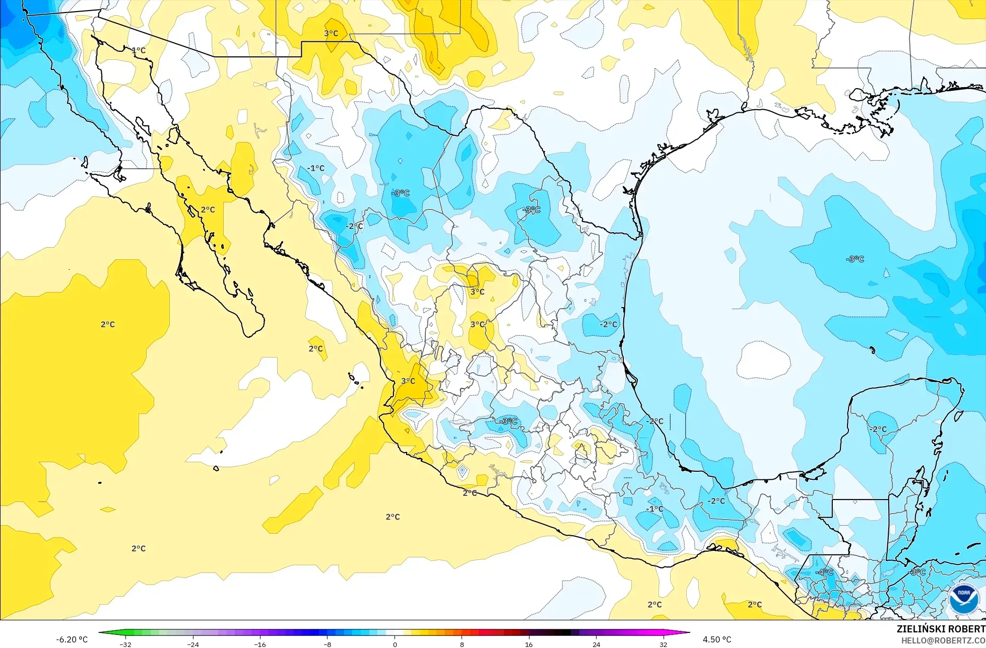 GFS model - Meksiko, Anomali Suhu 850 hPa