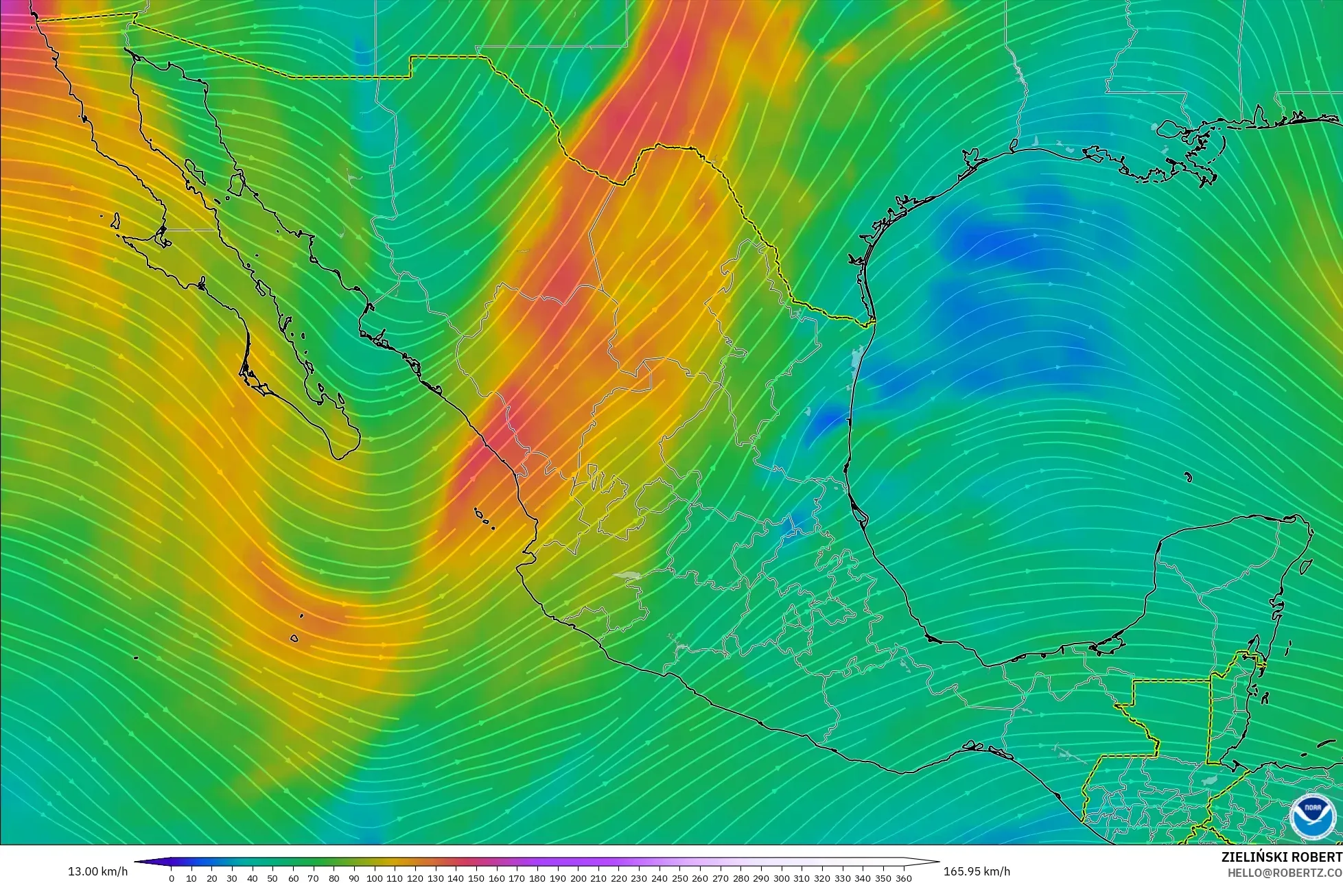 GFS model - Meksiko, Angin 300 hPa (aliran jet)