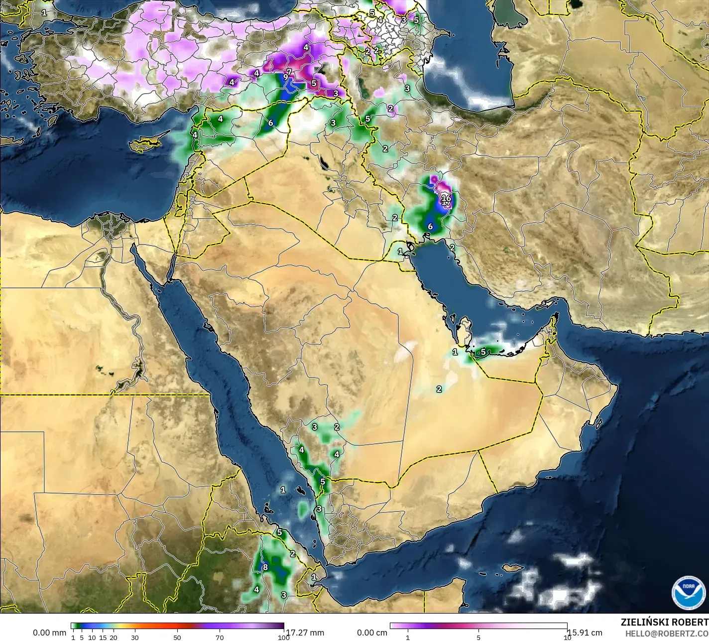 GFS model - Timur Tengah, Curah Hujan, Awan, dan Tekanan